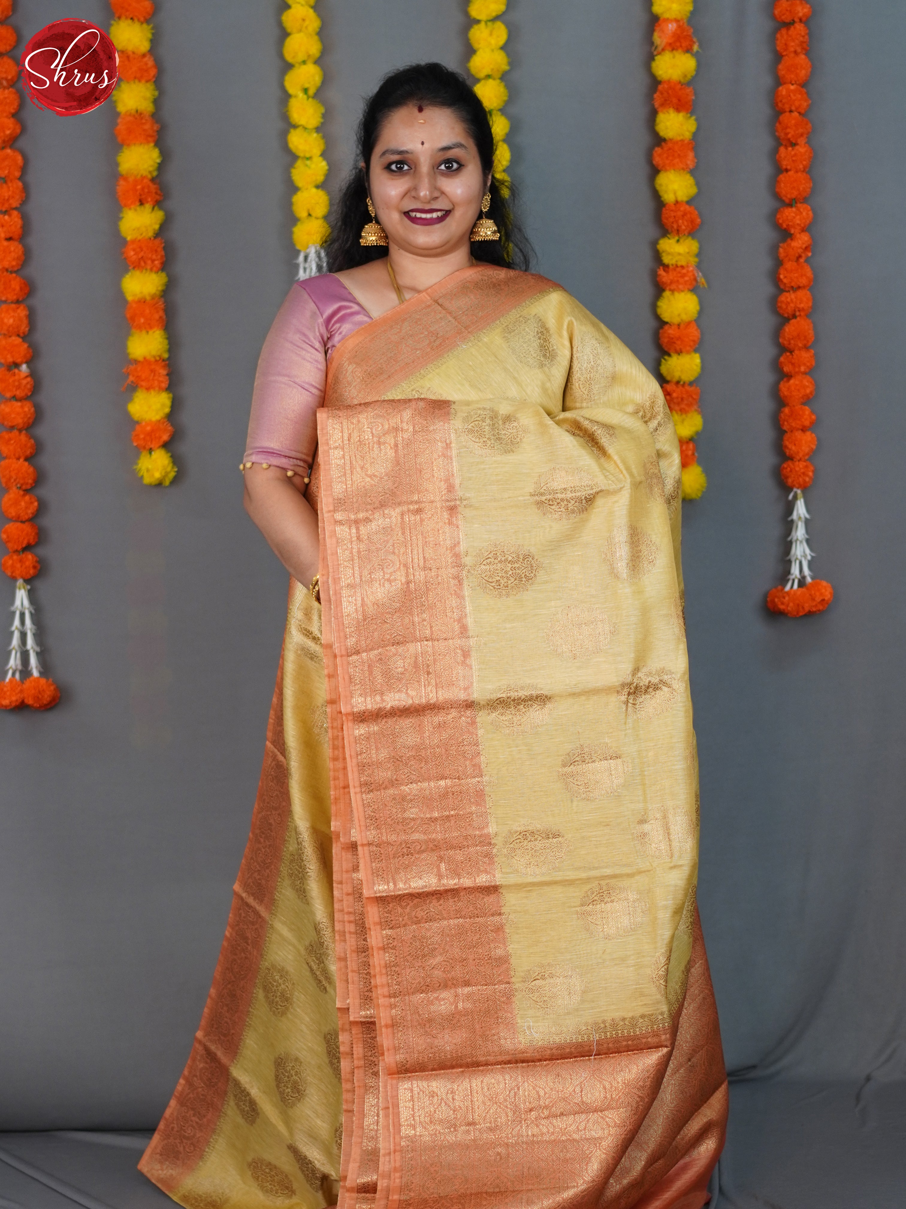 Beige & Pale Orange  - Muslin Silk Saree - Shop on ShrusEternity.com