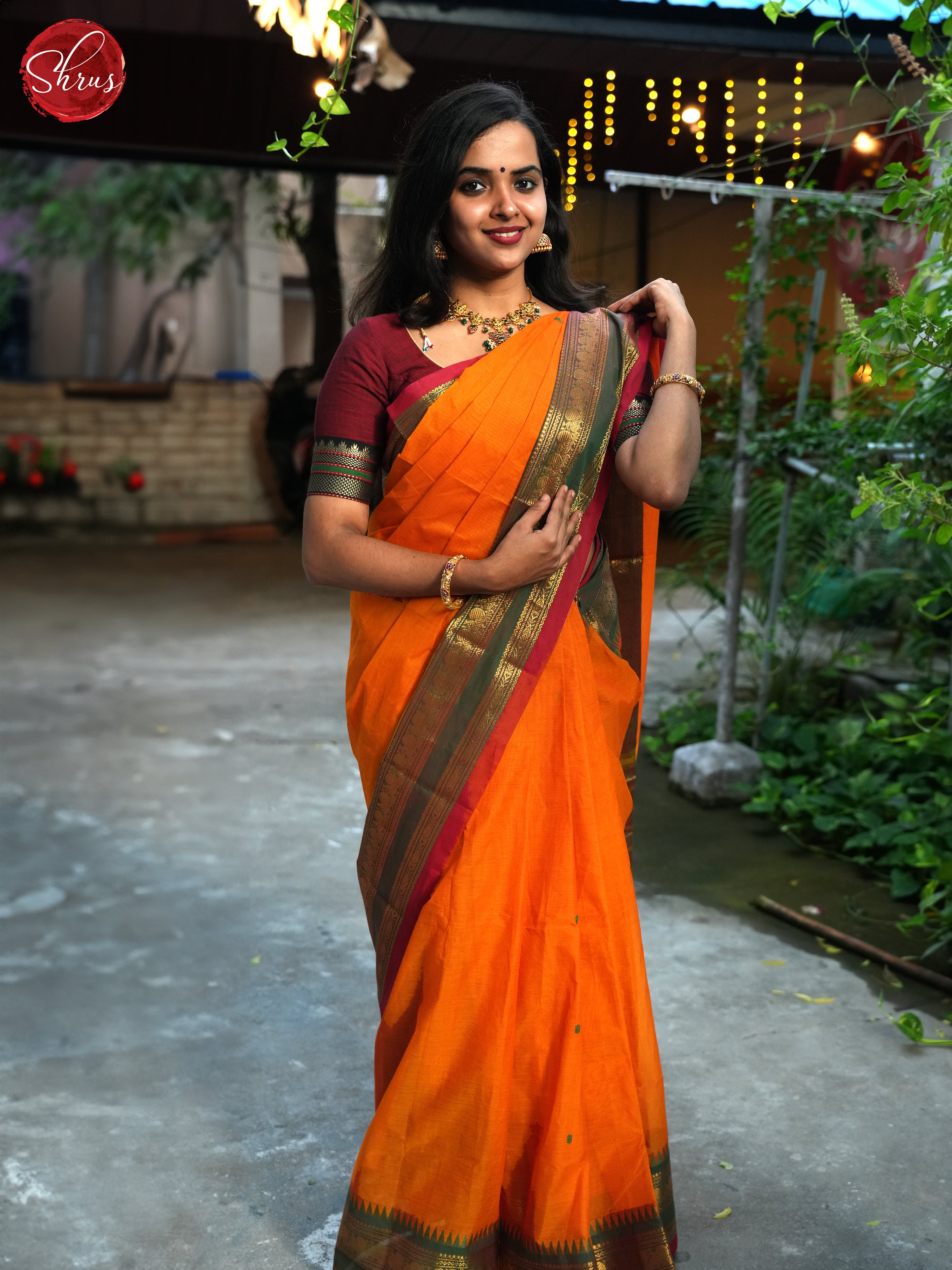 Orange And Green- Chettinad Cotton Saree - Shop on ShrusEternity.com