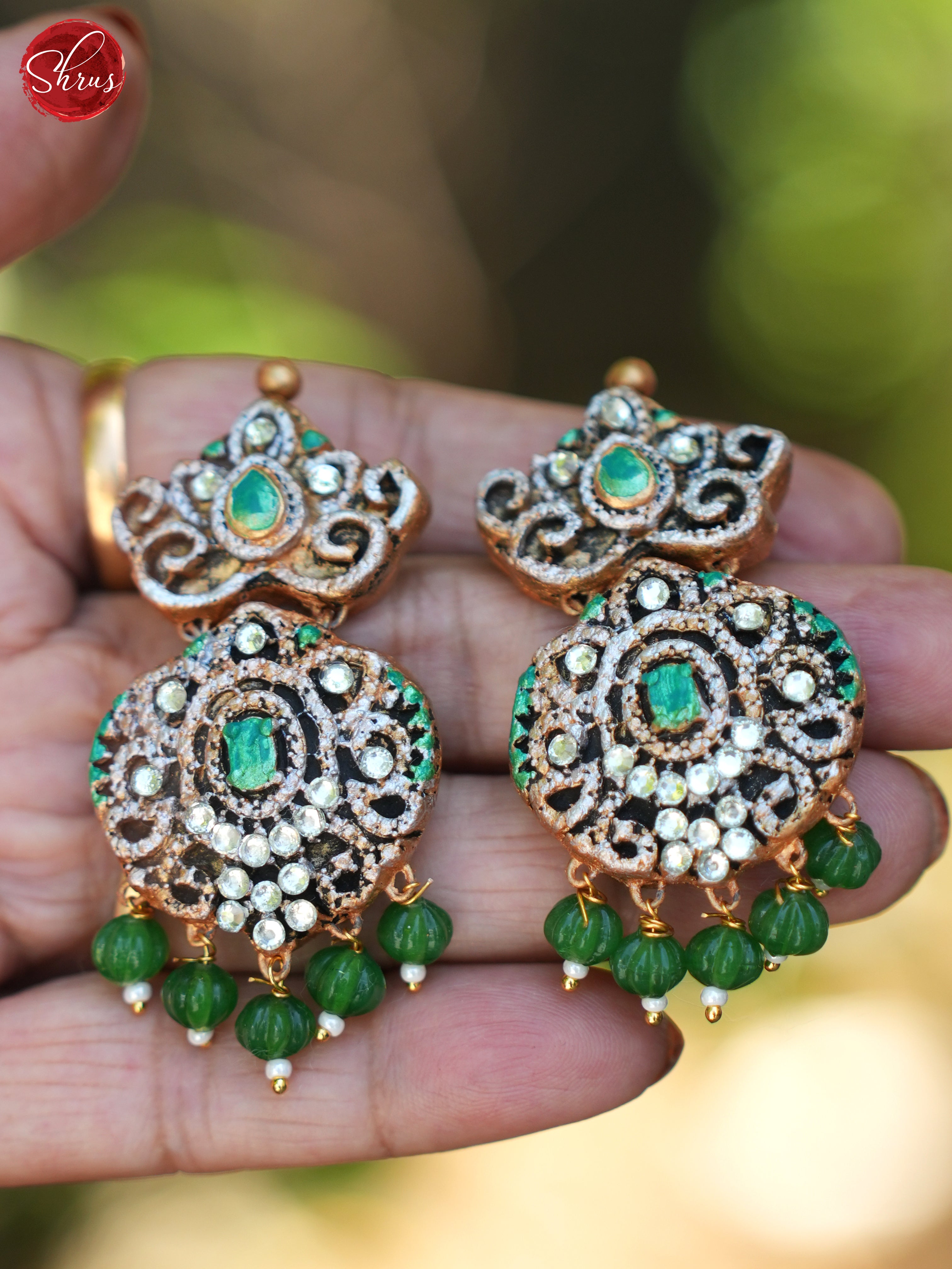 Green stones Terracotta Necklace with earrings - Neck Piece & Earrings