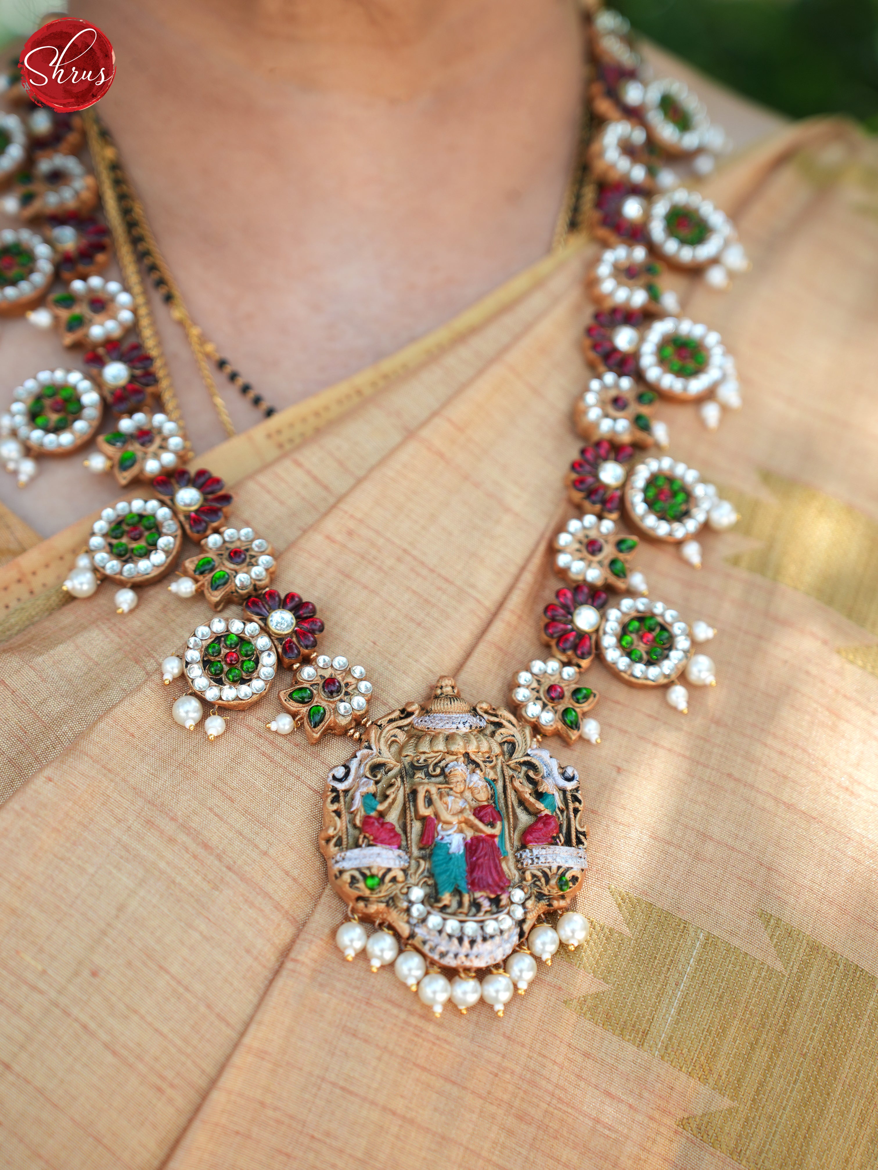 Radha Krishna Pendant , floral chain Terracotta neckpiece With Jhumkas - Neck Piece & Earrings - Shop on ShrusEternity.com