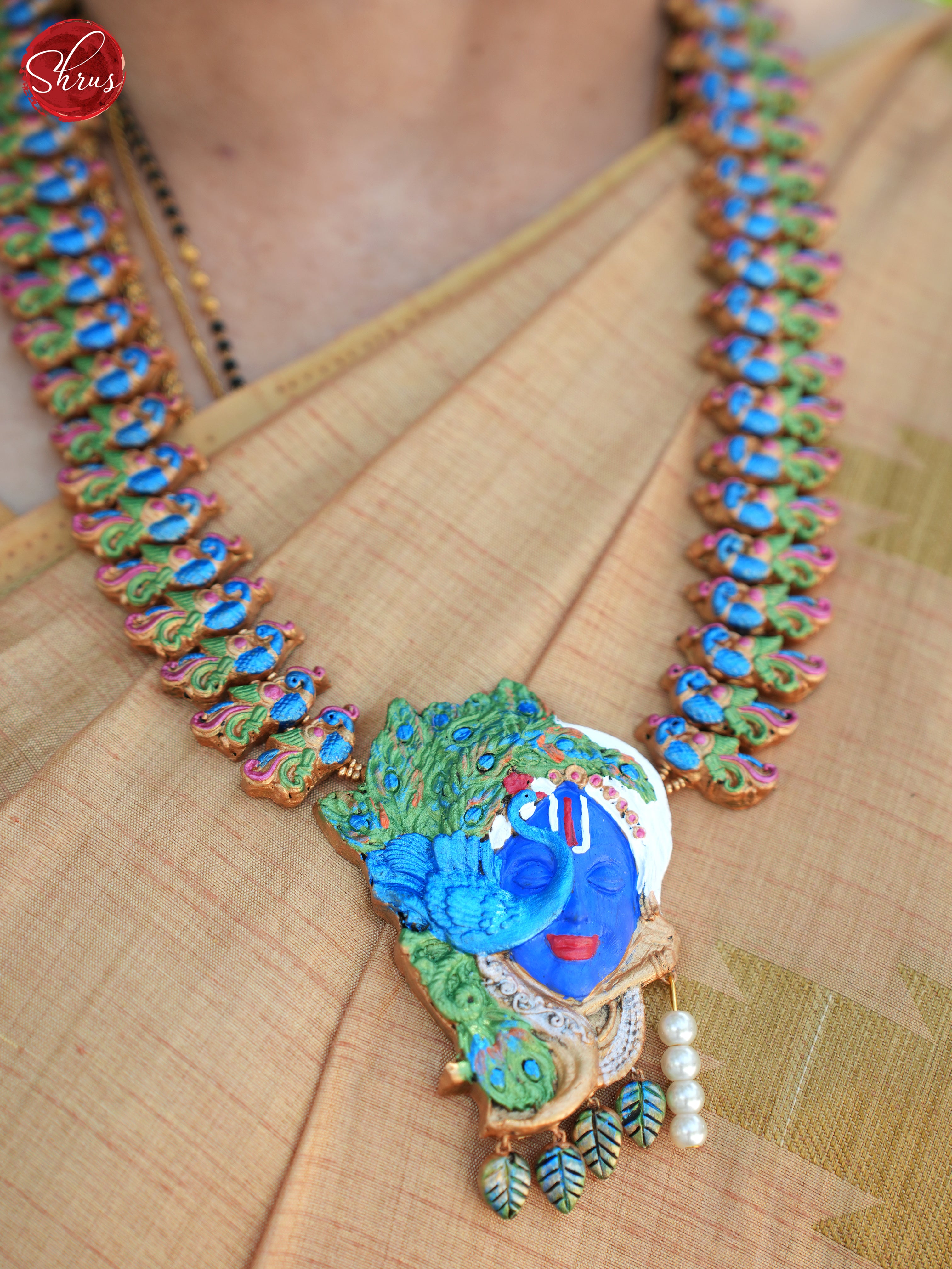 lord krishna , peacock terracotta necklace with  jhumkas  - NECK PIECE & EARRINGS - Shop on ShrusEternity.com