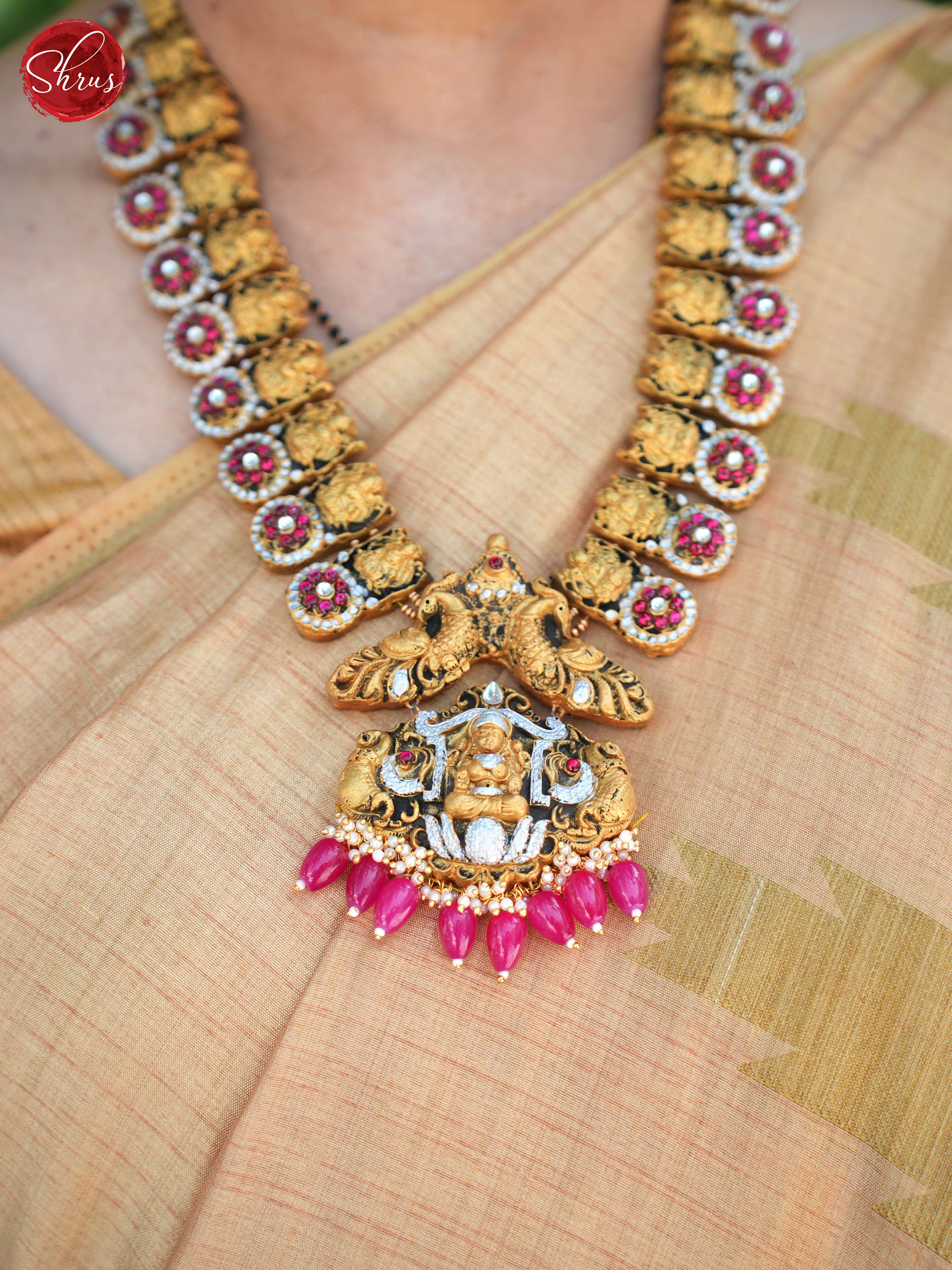 Lakshmi , peacock pendant Terra cotta Necklace with earring - Neck Piece & Earrings - Shop on ShrusEternity.com