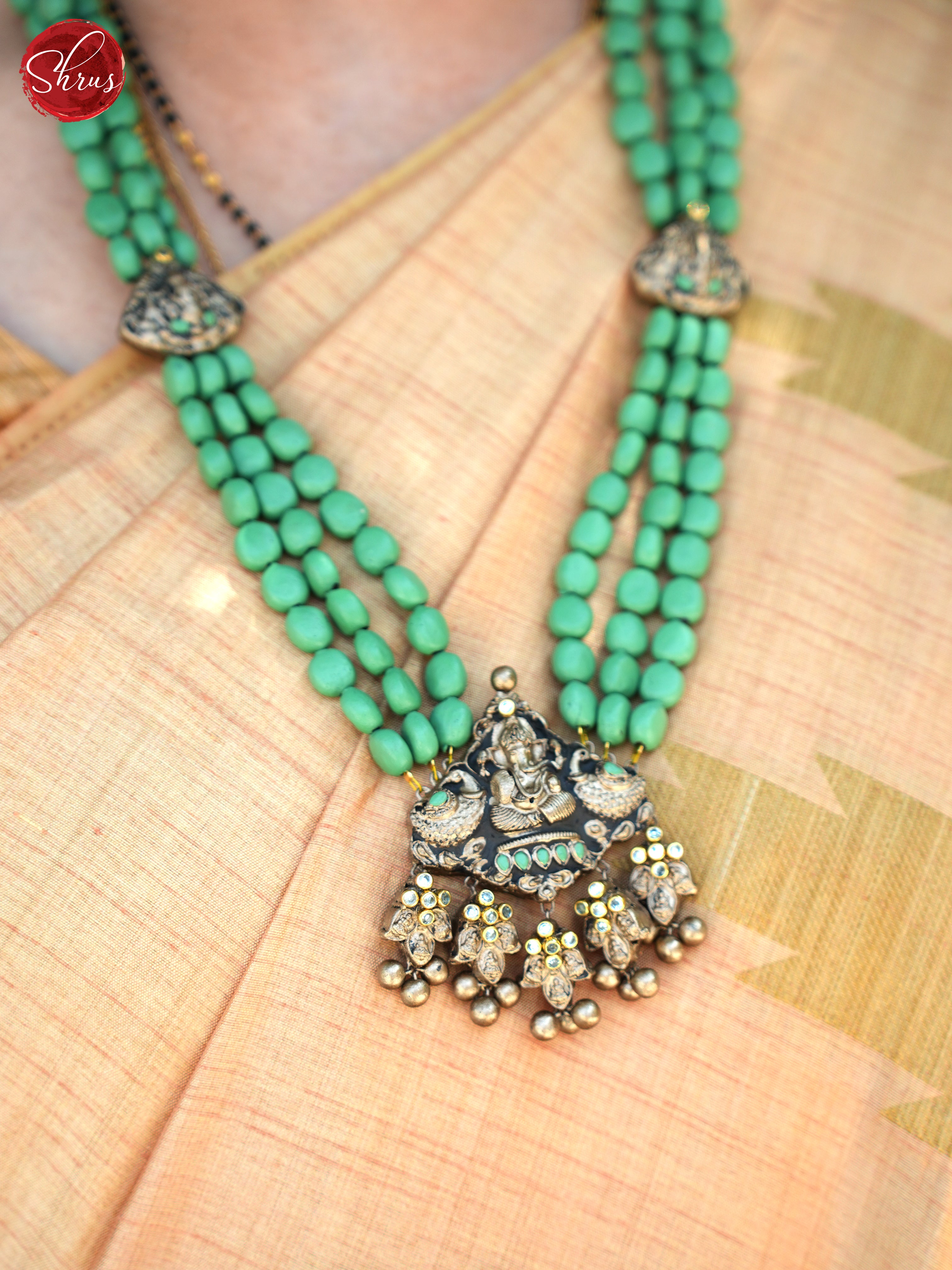 Ganesha , Peacock Pendant Terracotta Necklace with Jhumkas  - Neck Piece & Earrings - Shop on ShrusEternity.com