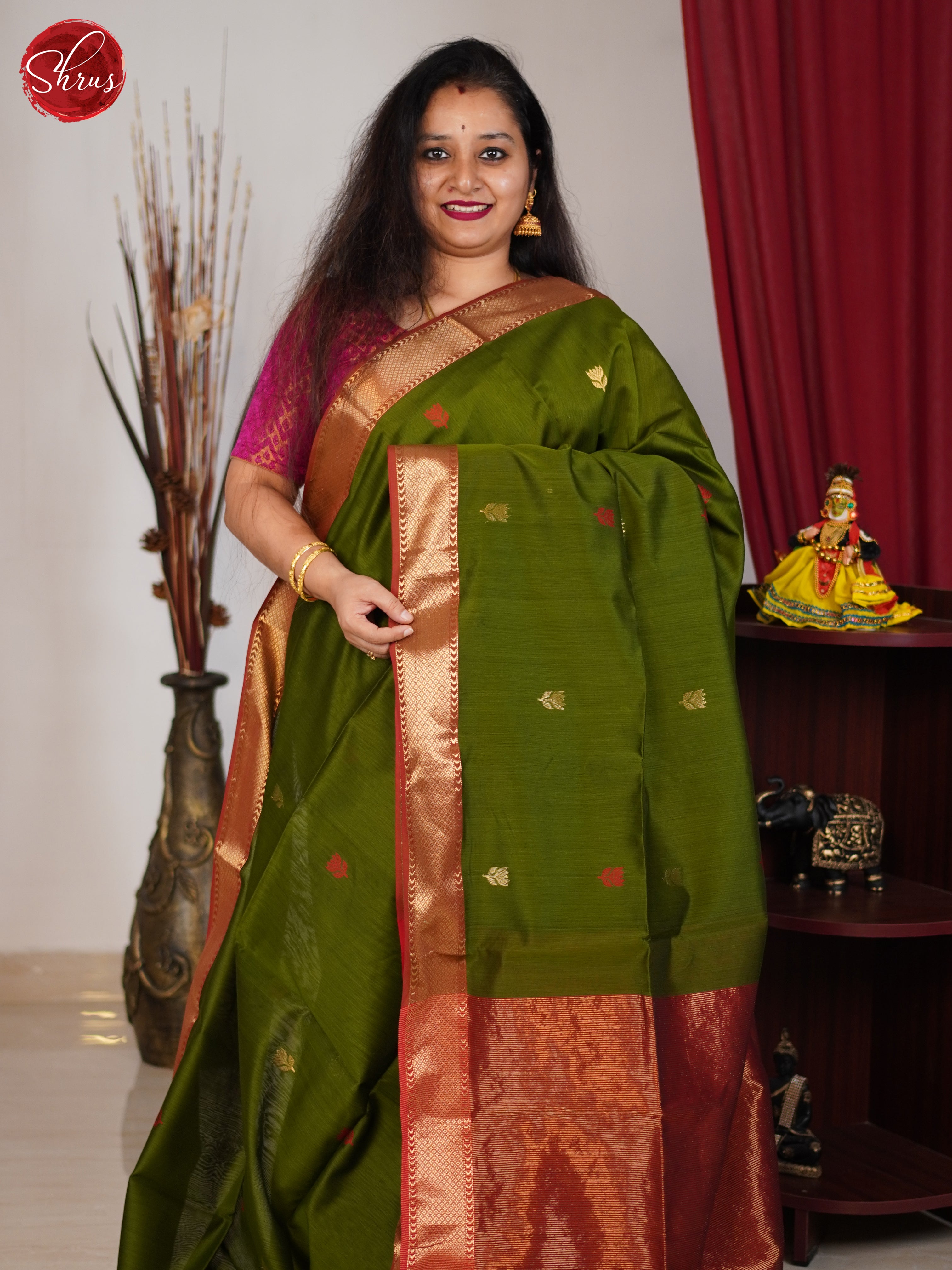 Green & Red - Maheshwari silkcotton Saree - Shop on ShrusEternity.com