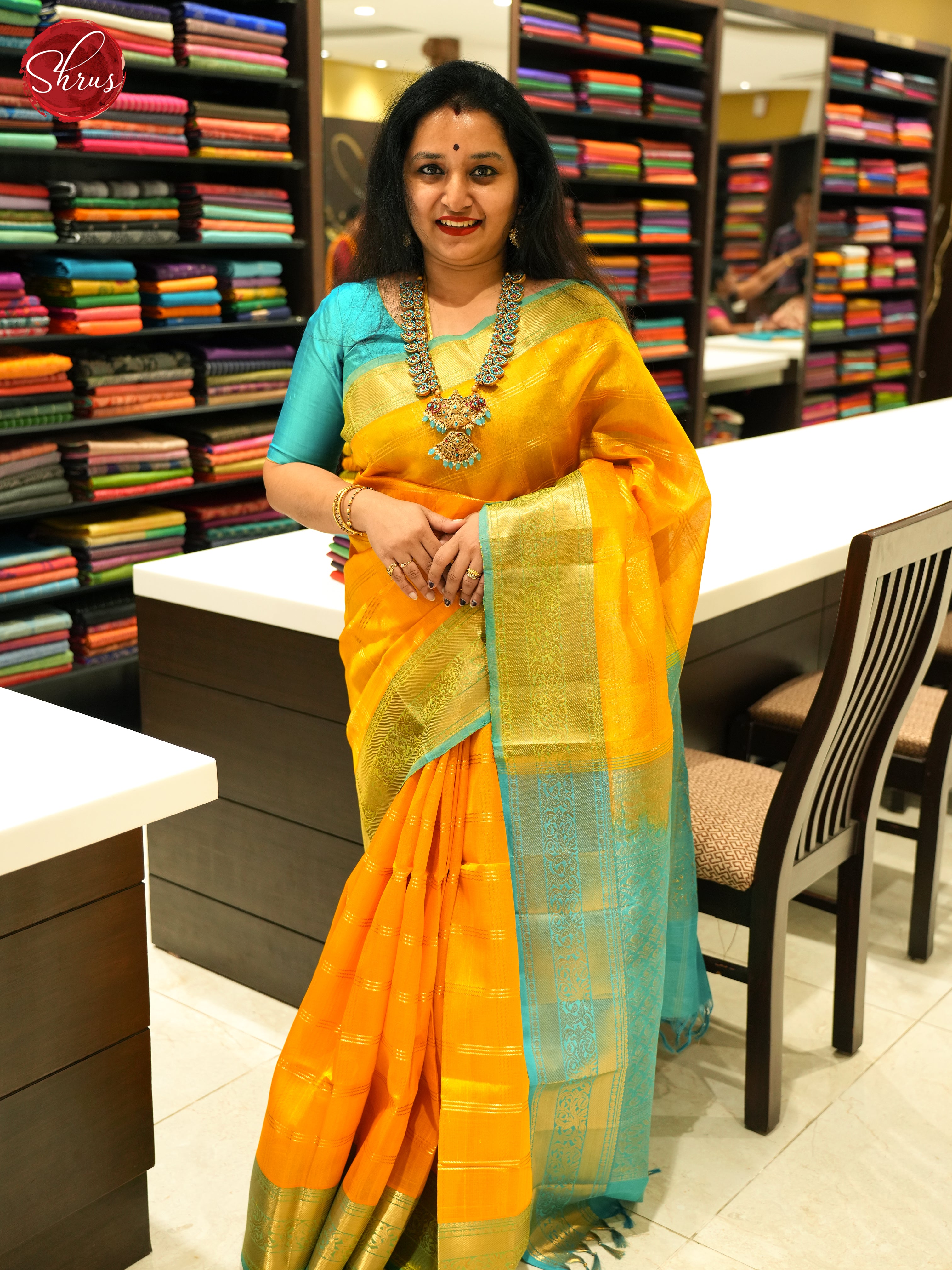 Yellow And Blue- Silk Cotton Saree - Shop on ShrusEternity.com
