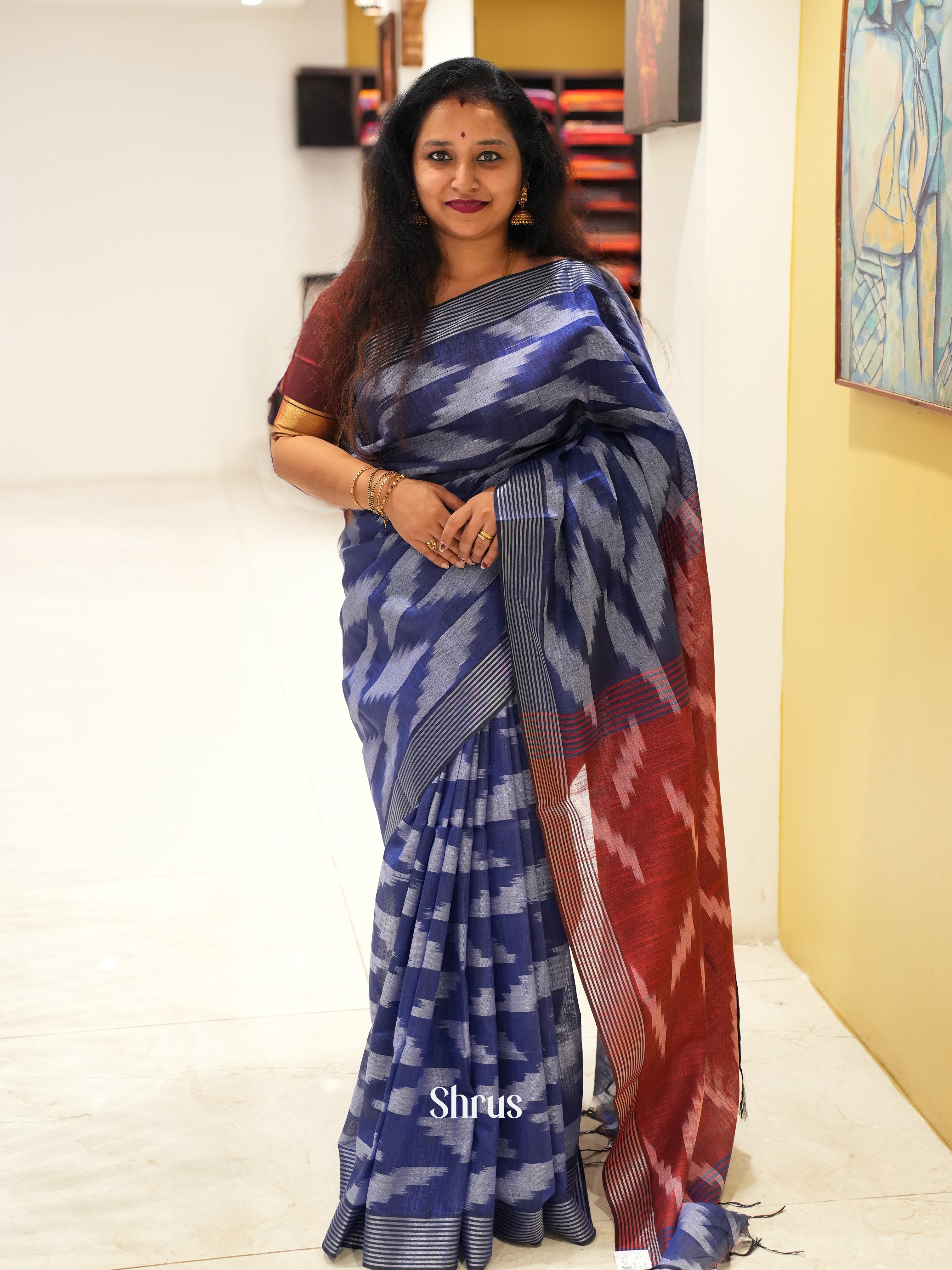 Blue & Red - Semi Ikkat Saree - Shop on ShrusEternity.com