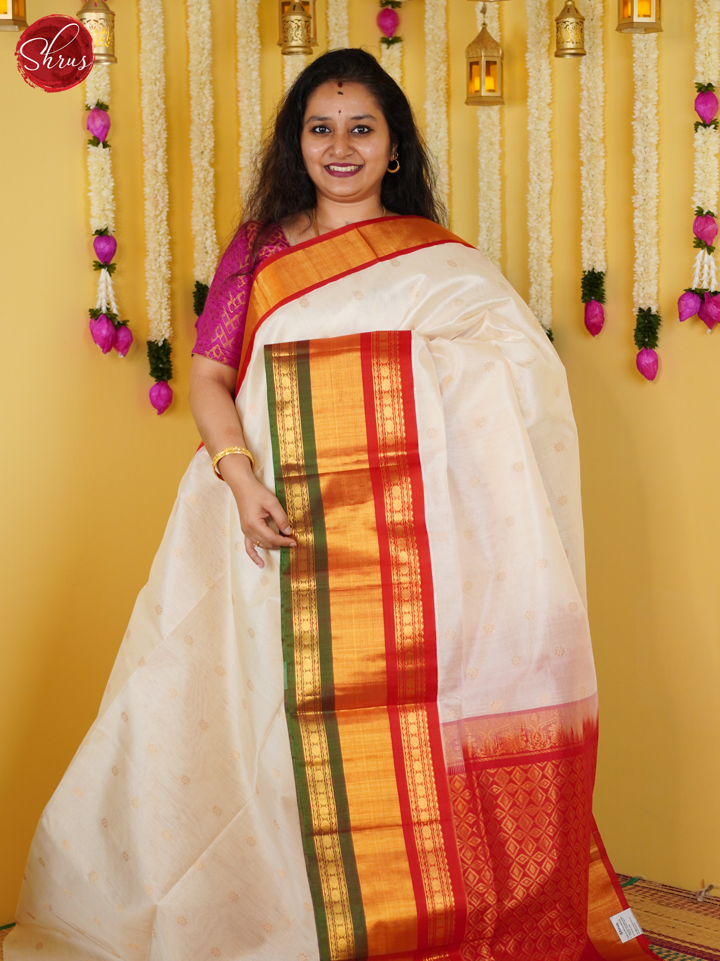 Cream & Red- Silk Cotton Saree - Shop on ShrusEternity.com