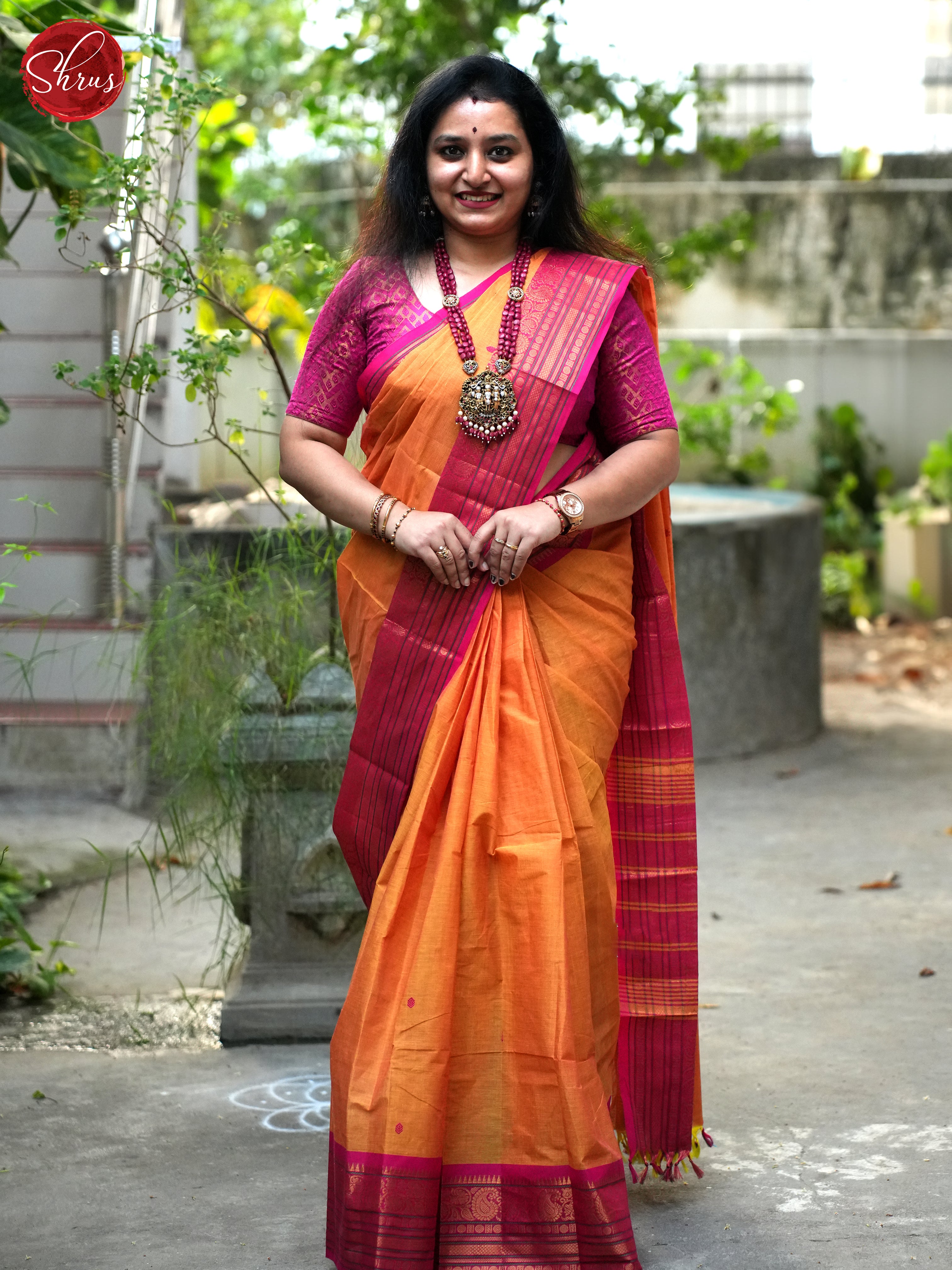 Orange & Pink - Chettinad Cotton Saree - Shop on ShrusEternity.com