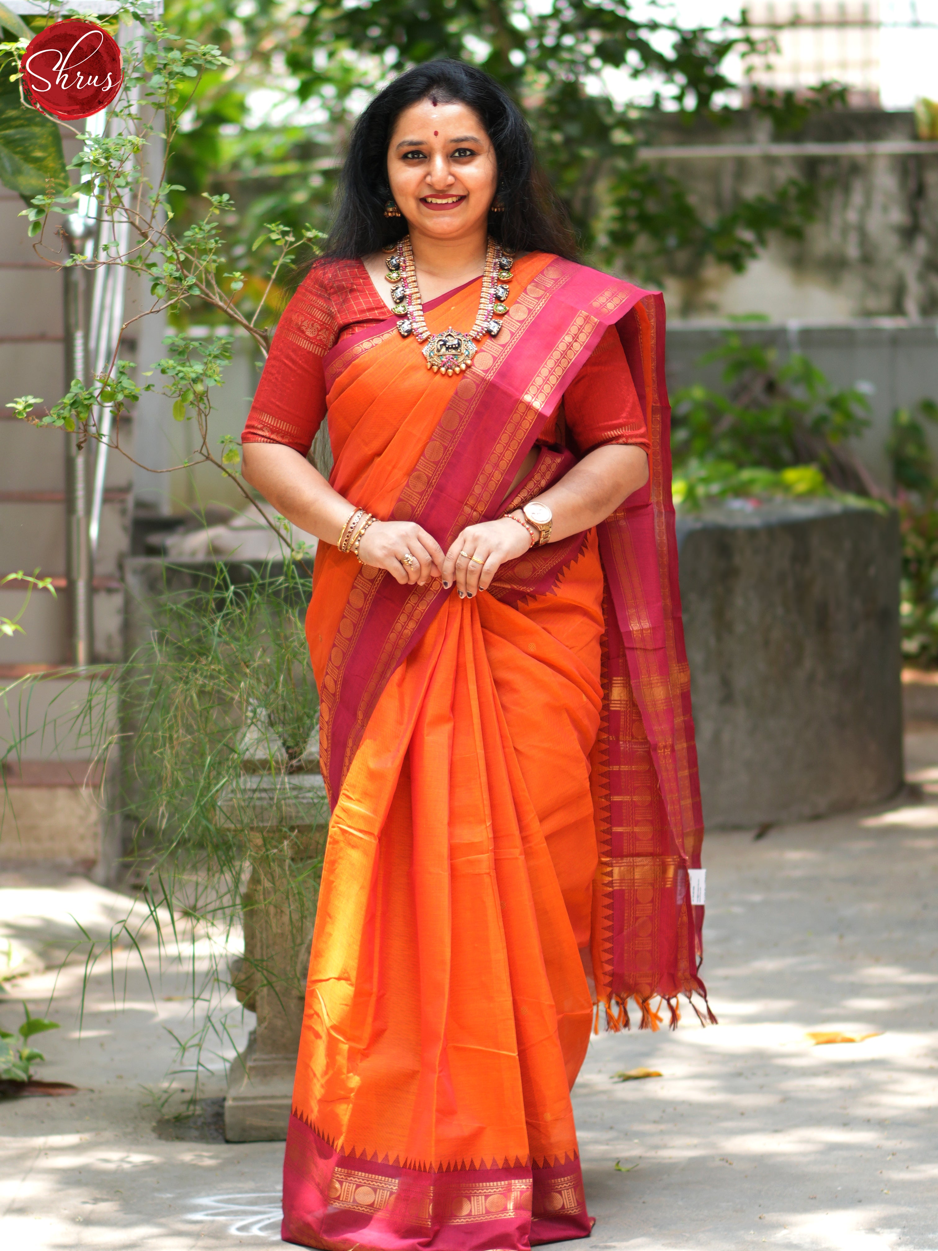 Orange & Red - Chettinad Cotton Saree - Shop on ShrusEternity.com