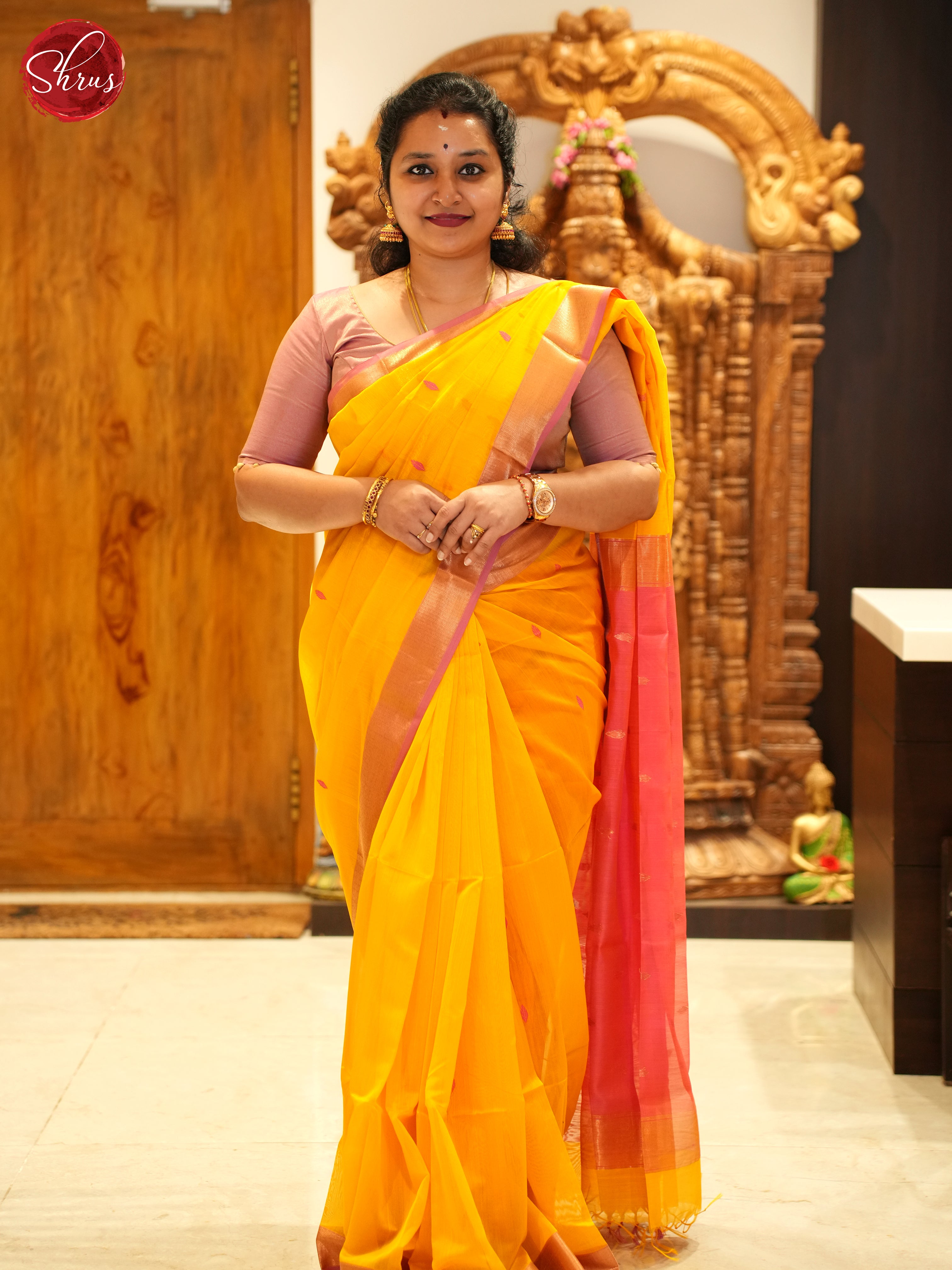 Yellow And Pink- Maheshwari Silk Cotton Saree - Shop on ShrusEternity.com