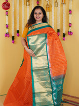 Peachish Pink & Green- Silk Cotton Saree - Shop on ShrusEternity.com
