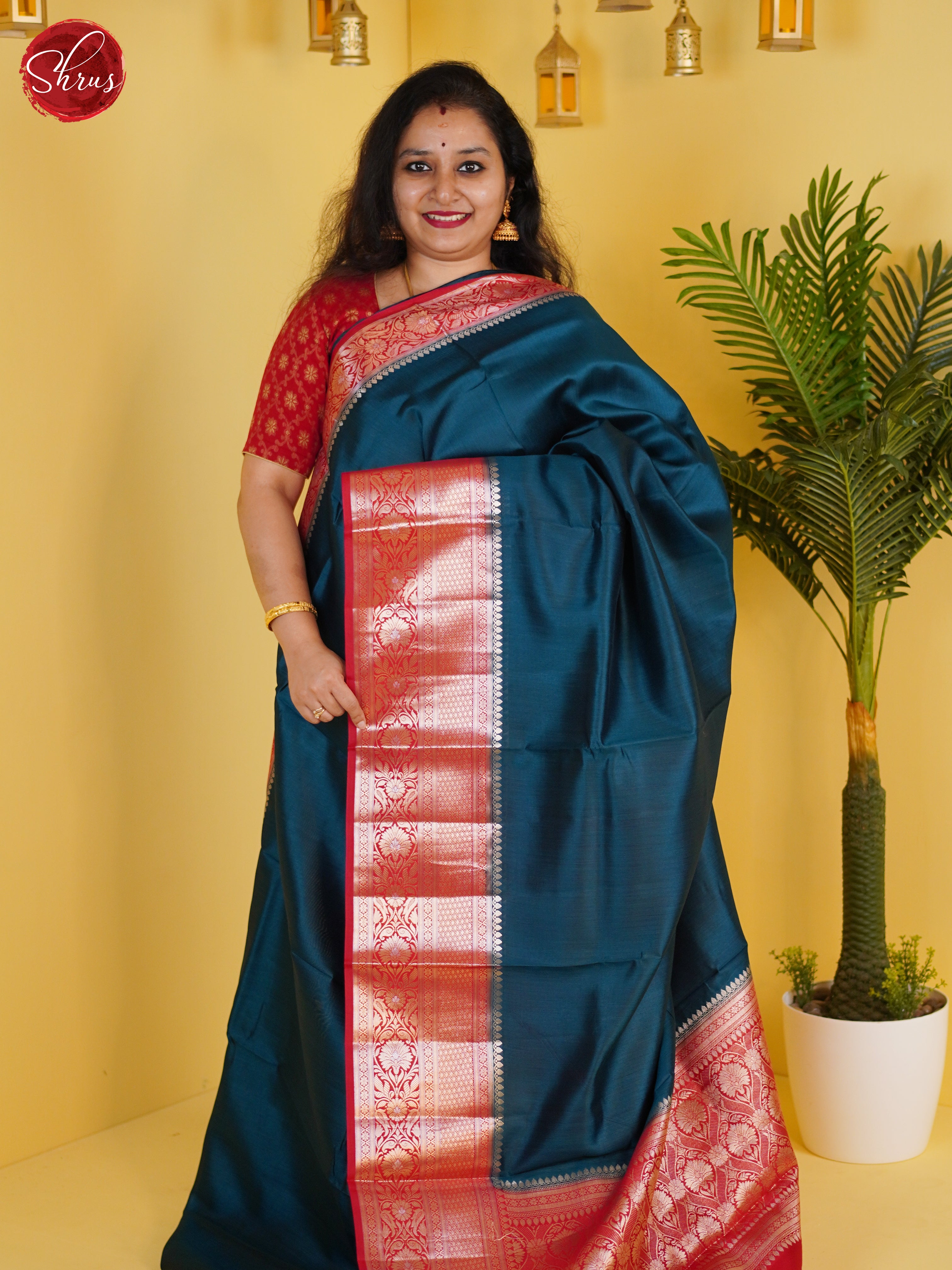 Peacock Blue & Red  - Tussar Saree - Shop on ShrusEternity.com