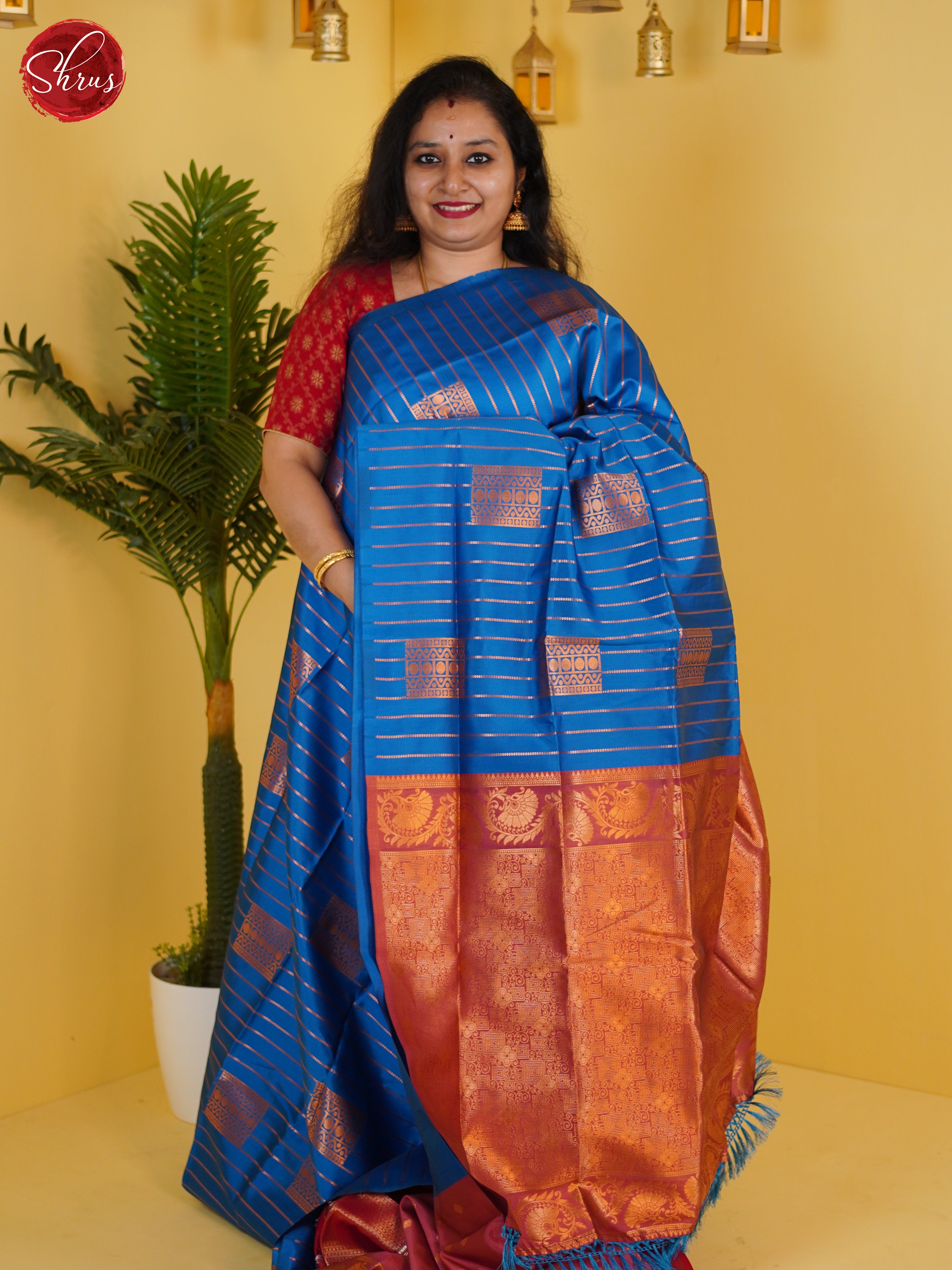 Blue & Red - Semi Softsilk Saree - Shop on ShrusEternity.com