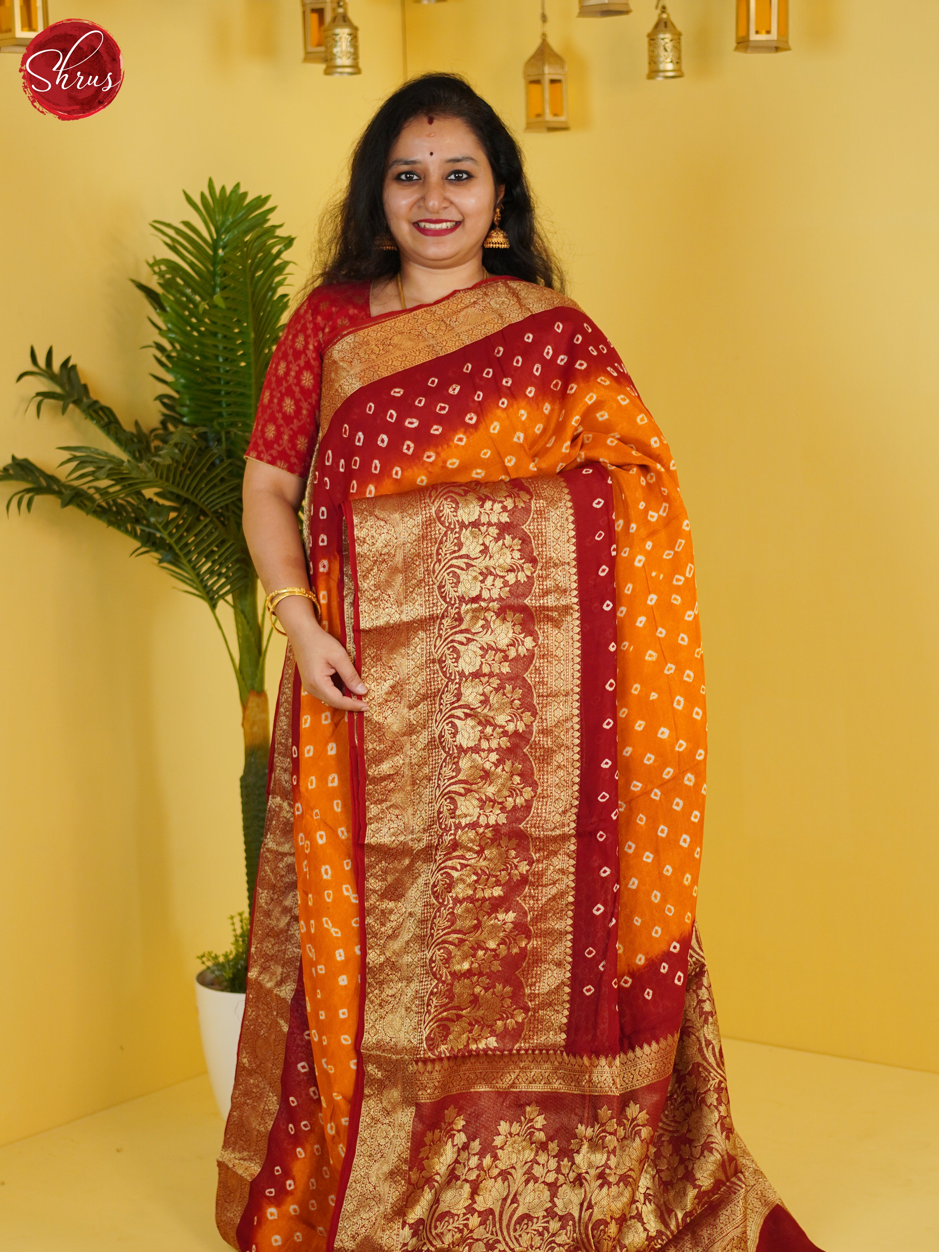 Orange & Red - Art Bandhini Saree - Shop on ShrusEternity.com