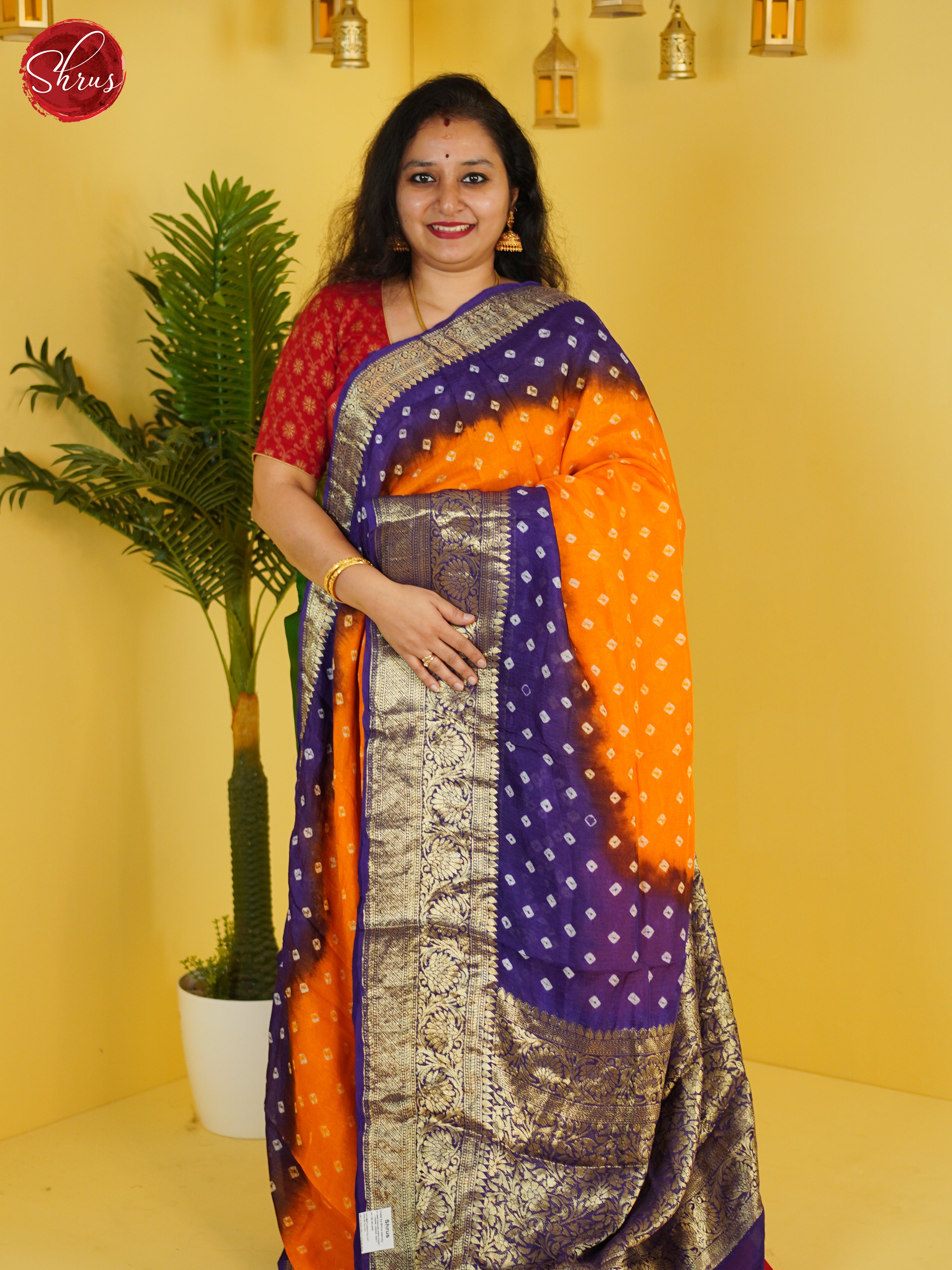 Orange & Violet - Art Bandhini Saree - Shop on ShrusEternity.com