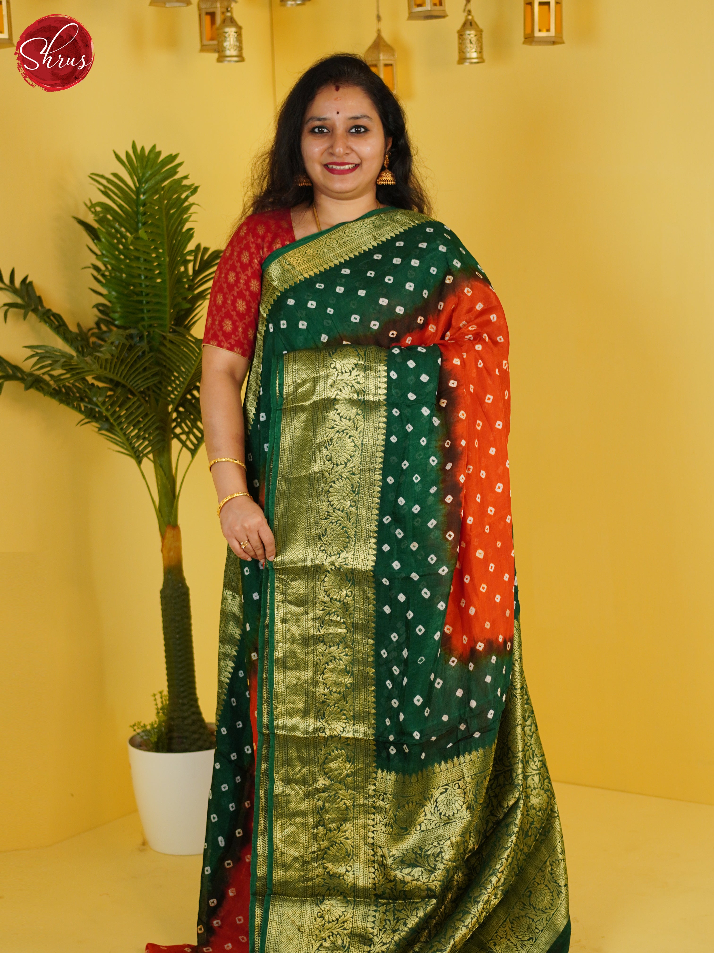 Orange & Green - Art Bandhini Saree - Shop on ShrusEternity.com