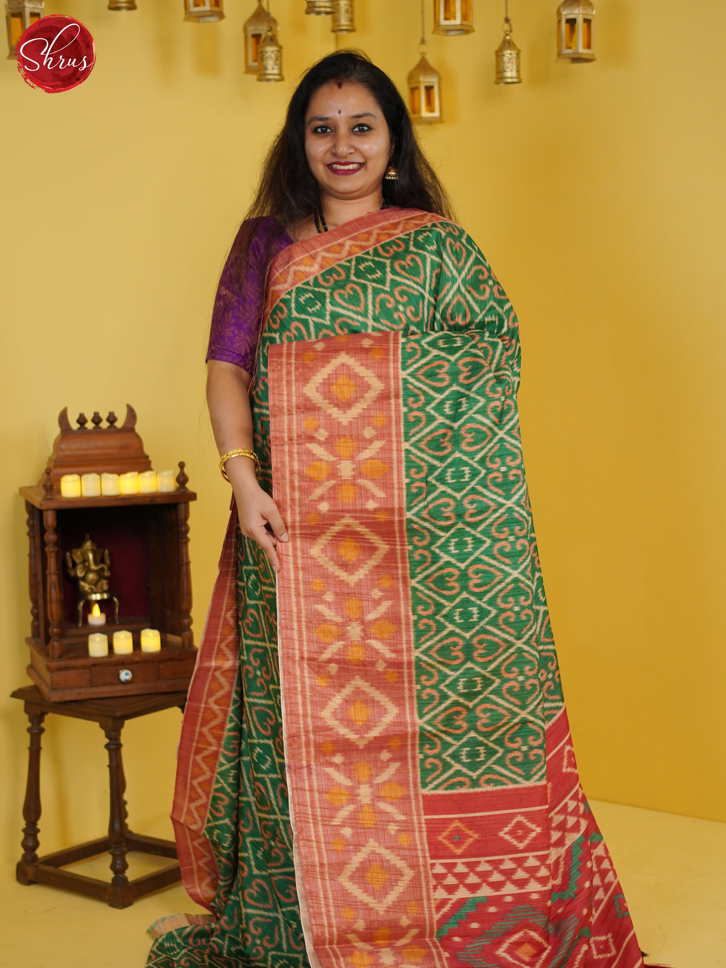 Green & Orange - Semi Pochampally Saree - Shop on ShrusEternity.com