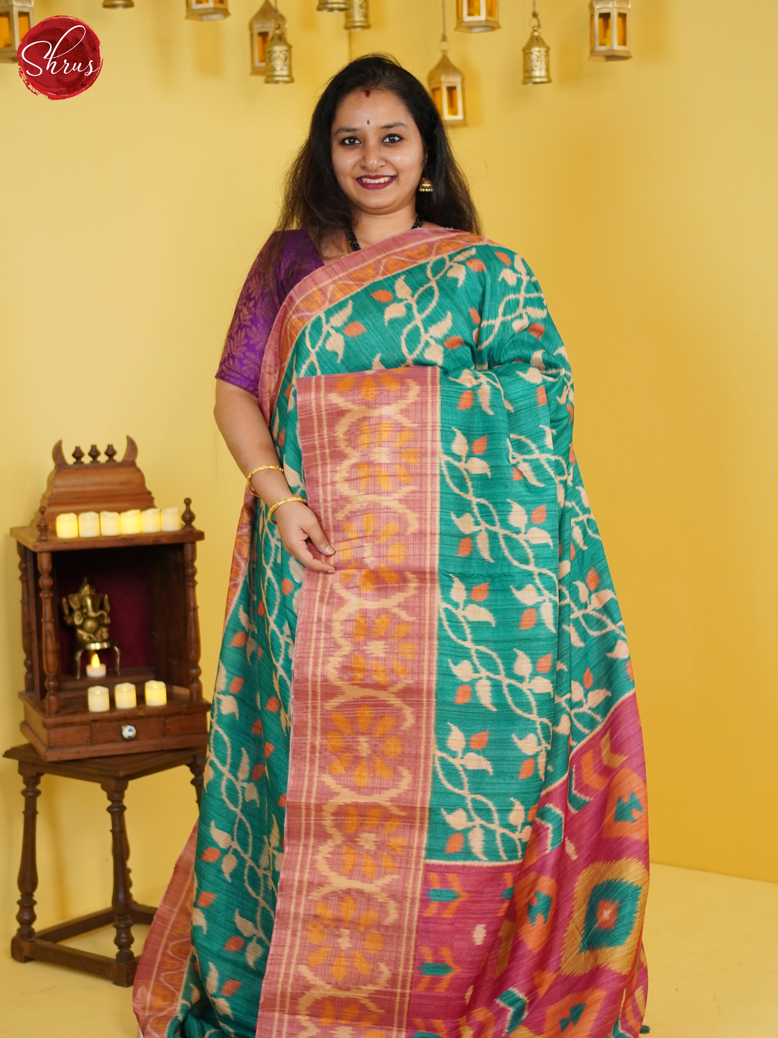 Green & Pink  - Semi Pochampally Saree - Shop on ShrusEternity.com