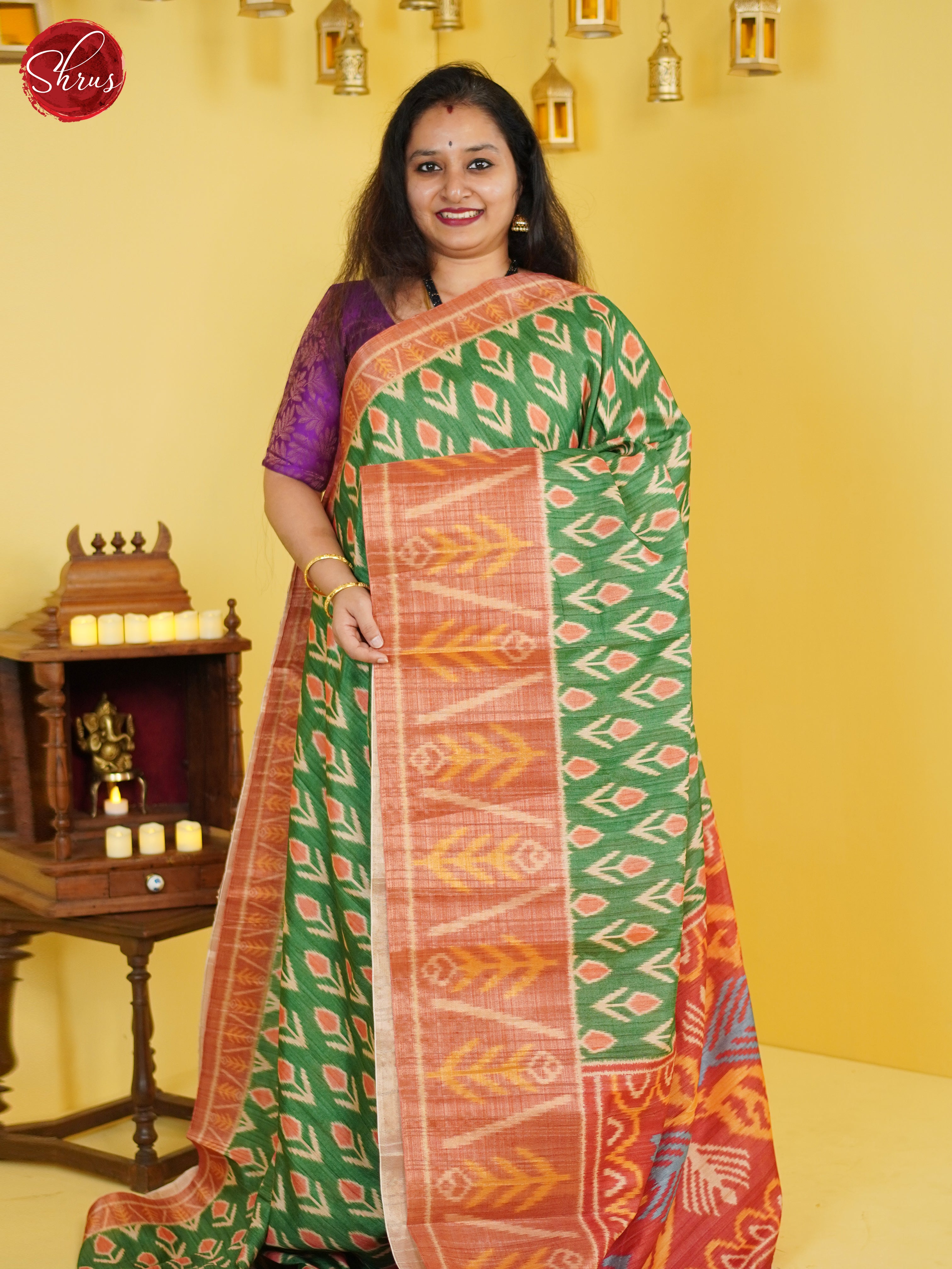 Green & Orange - Semi Pochampally Saree - Shop on ShrusEternity.com