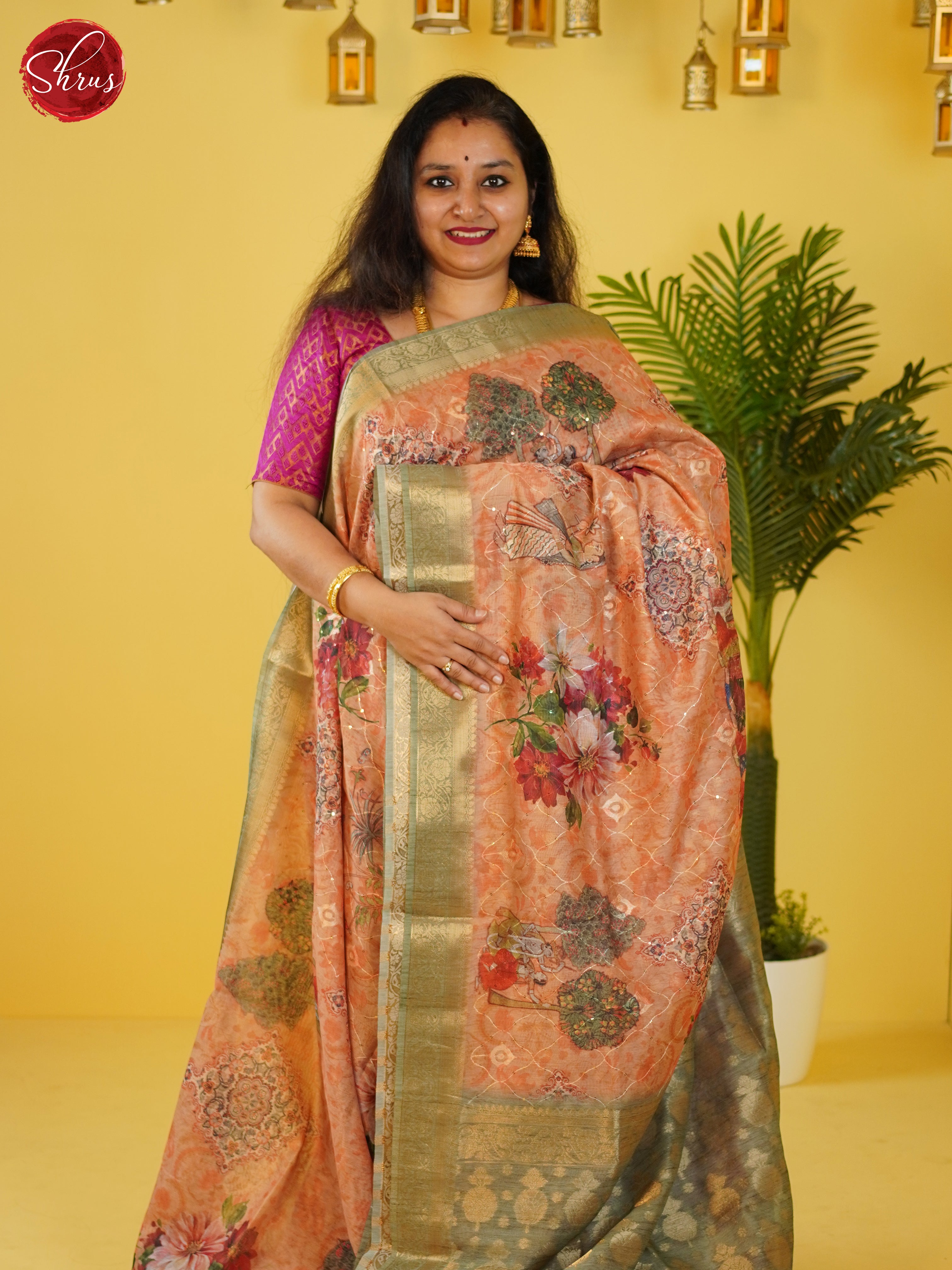 Orange & Green - Semi Jute Saree - Shop on ShrusEternity.com