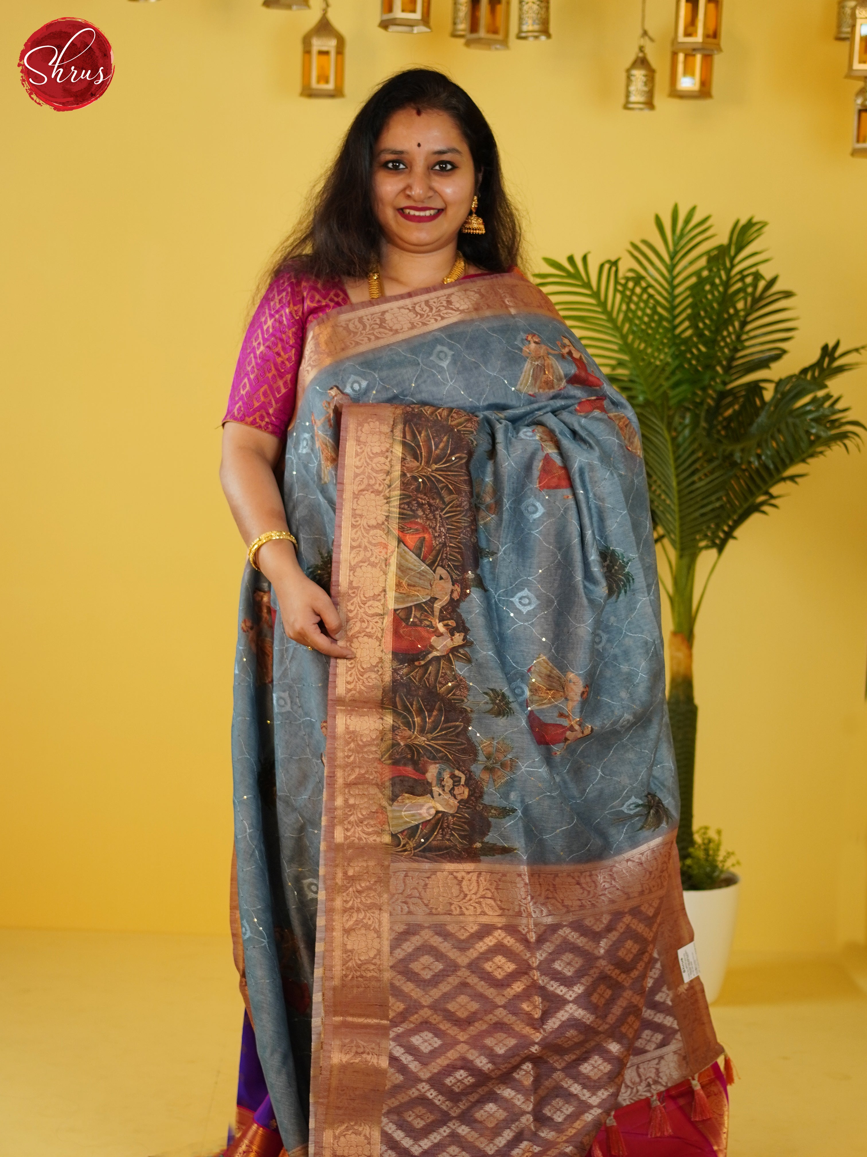 Bluish Grey & Brown - Semi Jute Saree - Shop on ShrusEternity.com