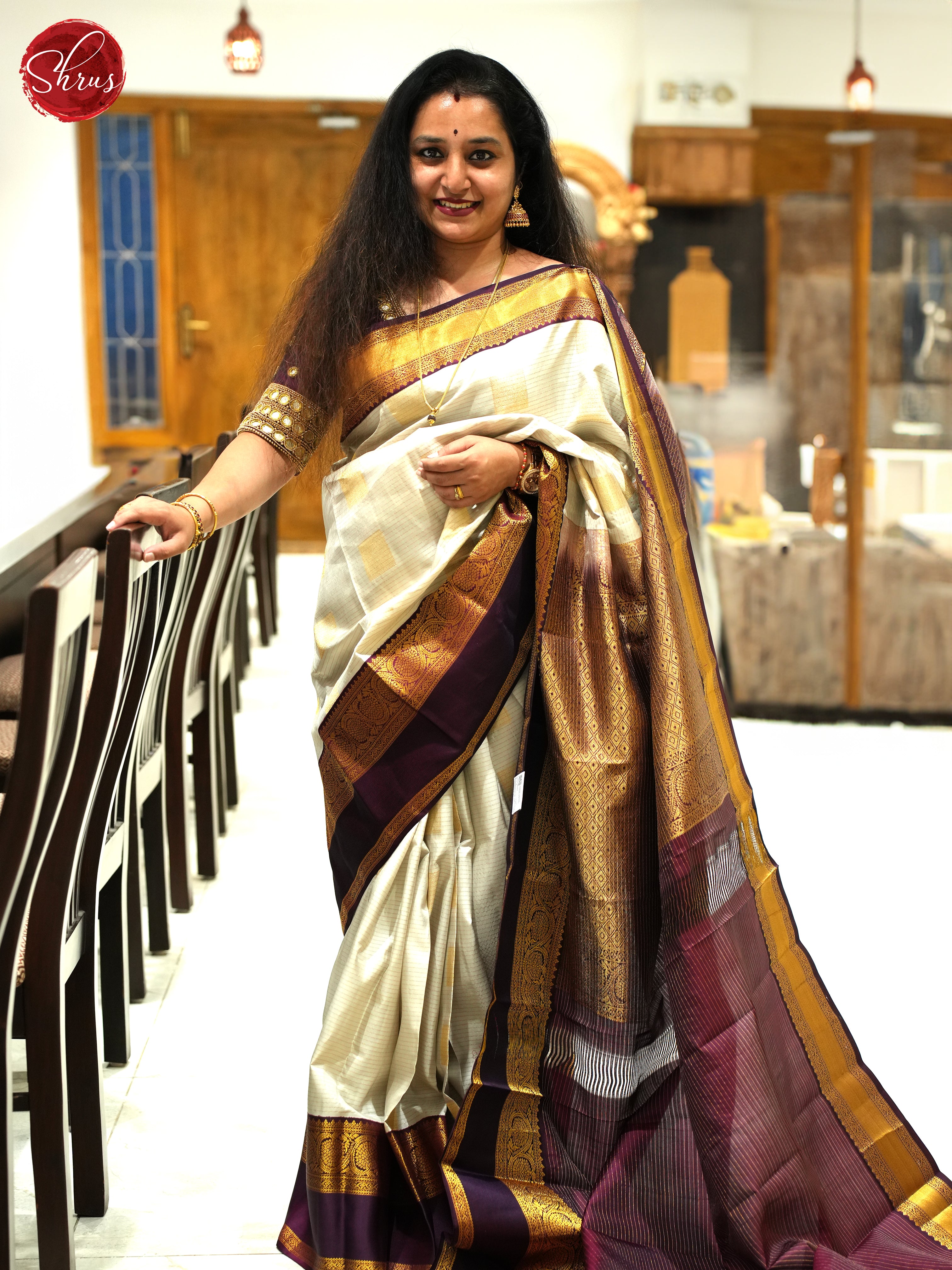 Cream And Wine - Kanchipuram silk Saree - Shop on ShrusEternity.com