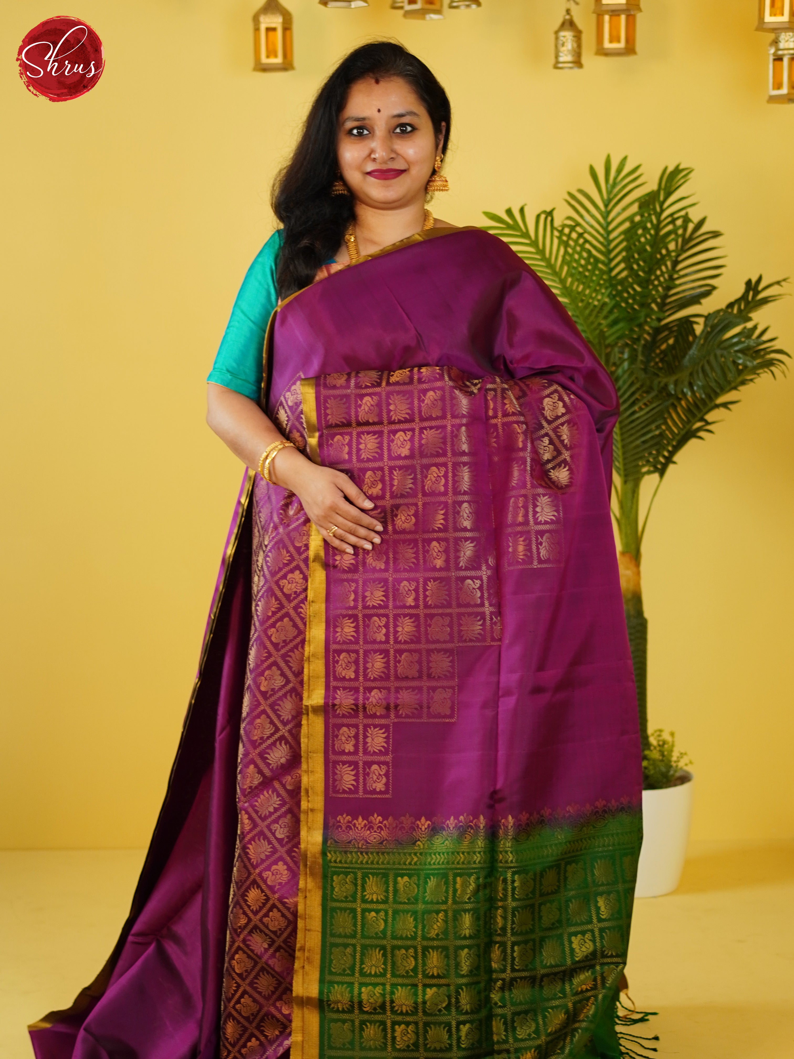 Wine & Green- Soft Silk Saree - Shop on ShrusEternity.com