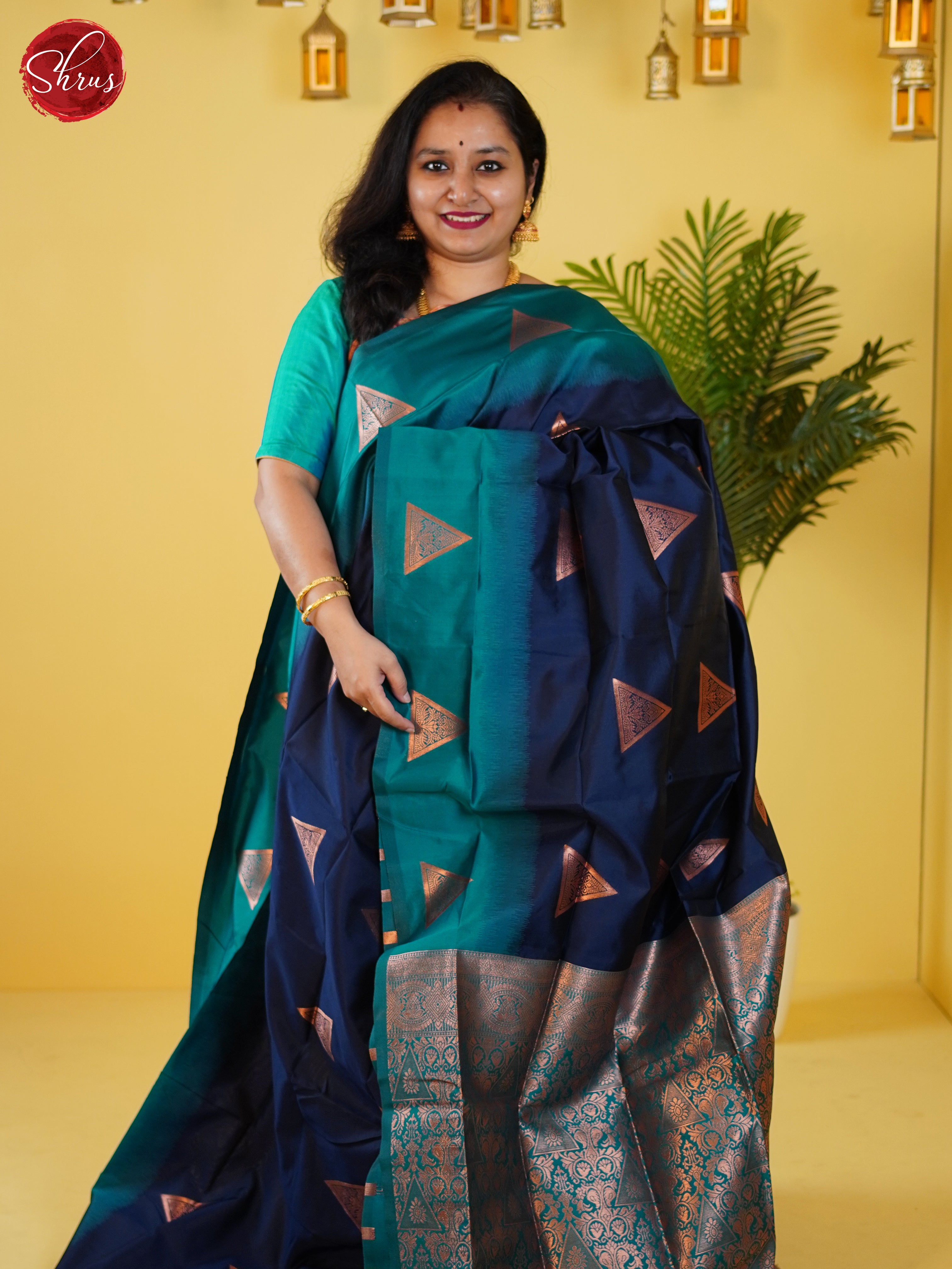 Navy Blue  & Teal - Semi Softsilk Saree - Shop on ShrusEternity.com