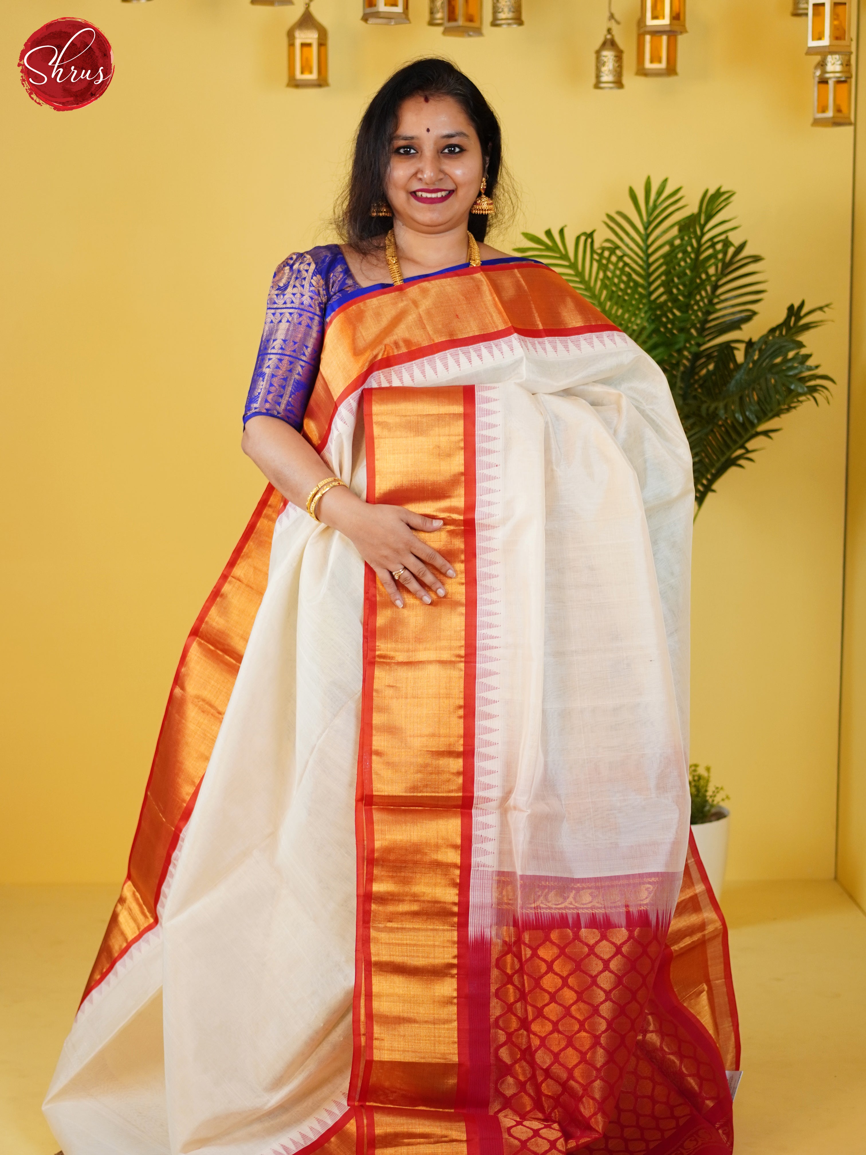 Cream & Red - Silk Cotton Saree - Shop on ShrusEternity.com