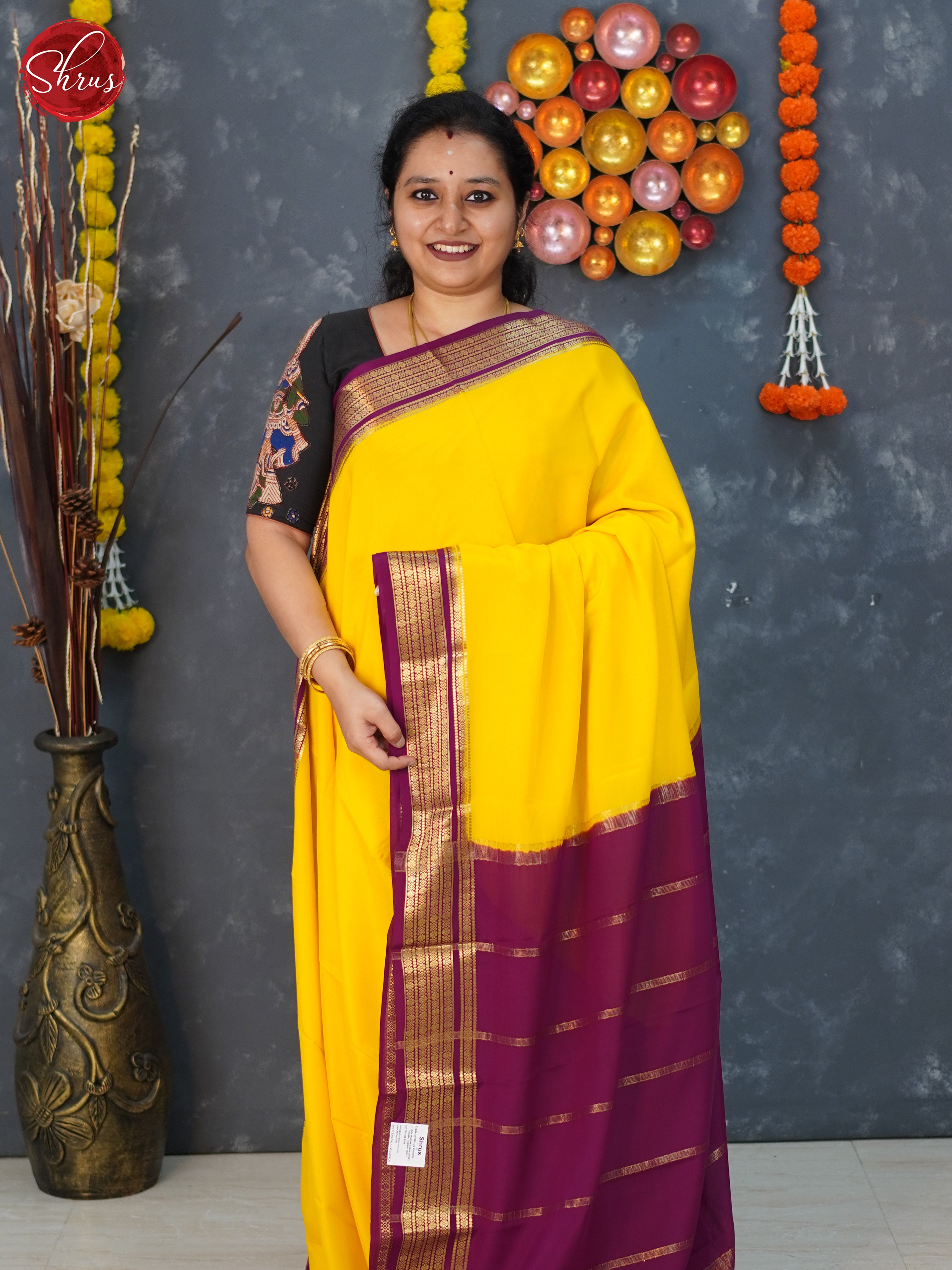 Yellow & Wine- Mysore Silk Saree - Shop on ShrusEternity.com