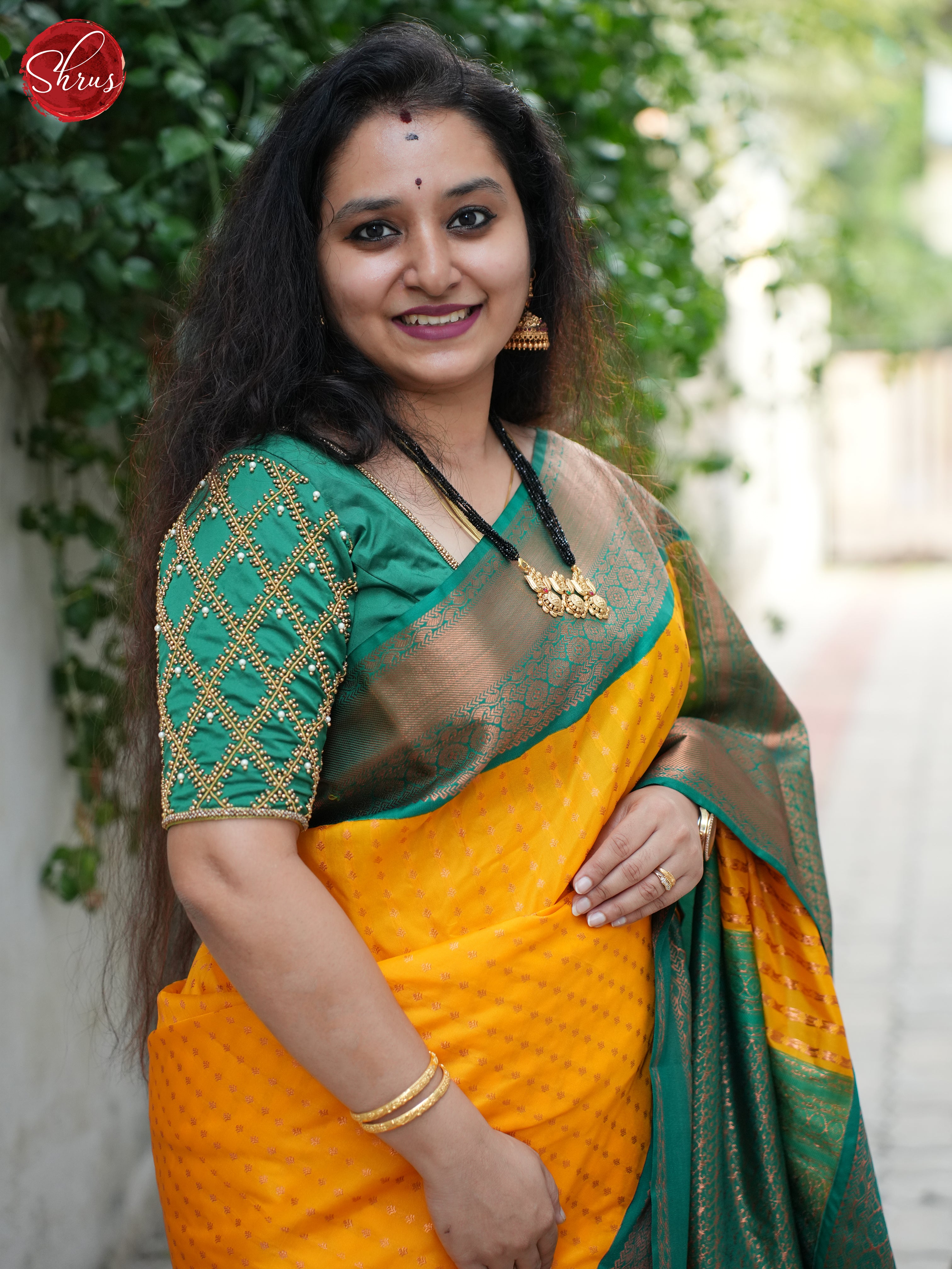 Yellow & Green - Semi Kanchipuram Saree - Shop on ShrusEternity.com