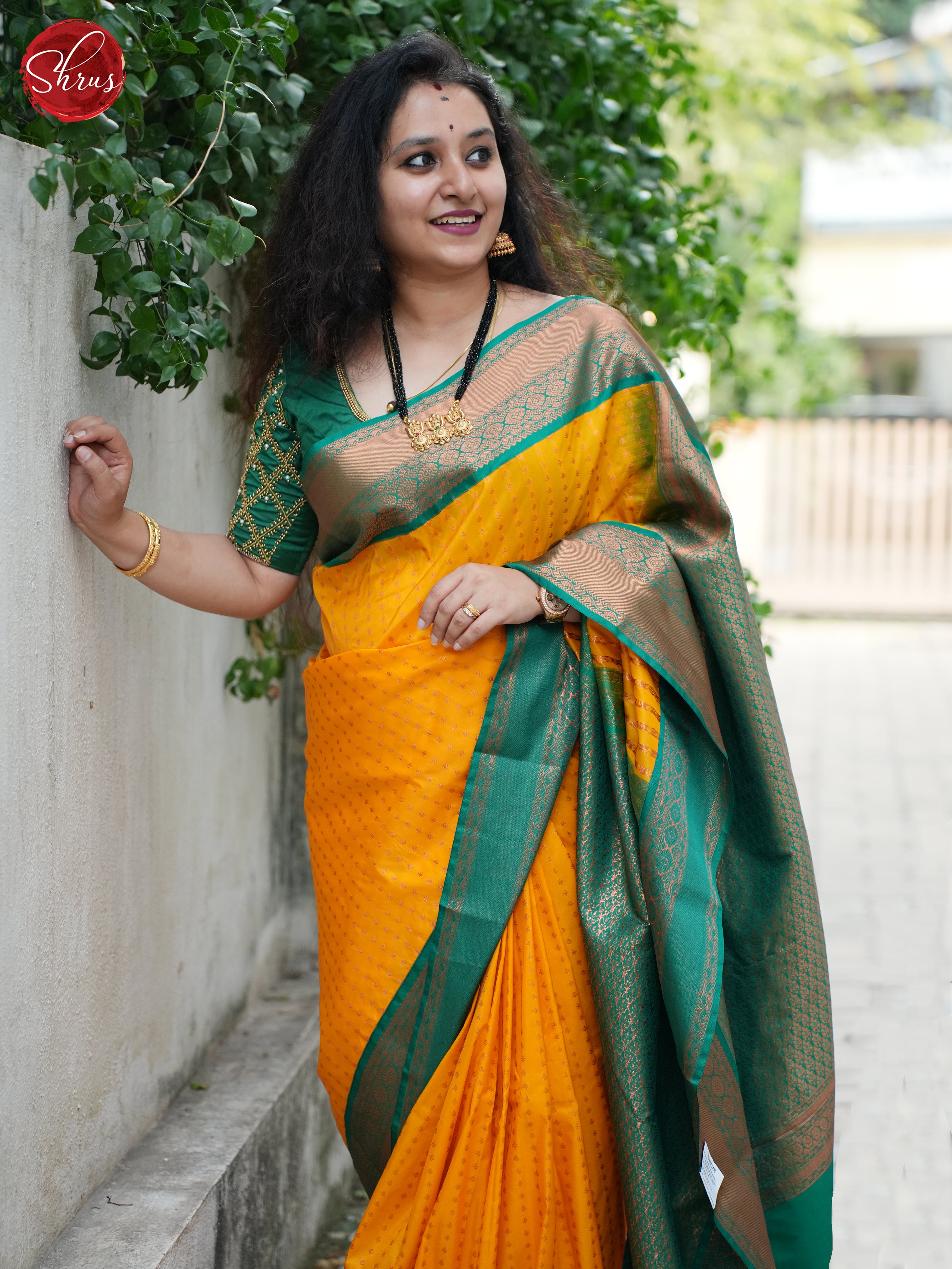 Yellow & Green - Semi Kanchipuram Saree - Shop on ShrusEternity.com