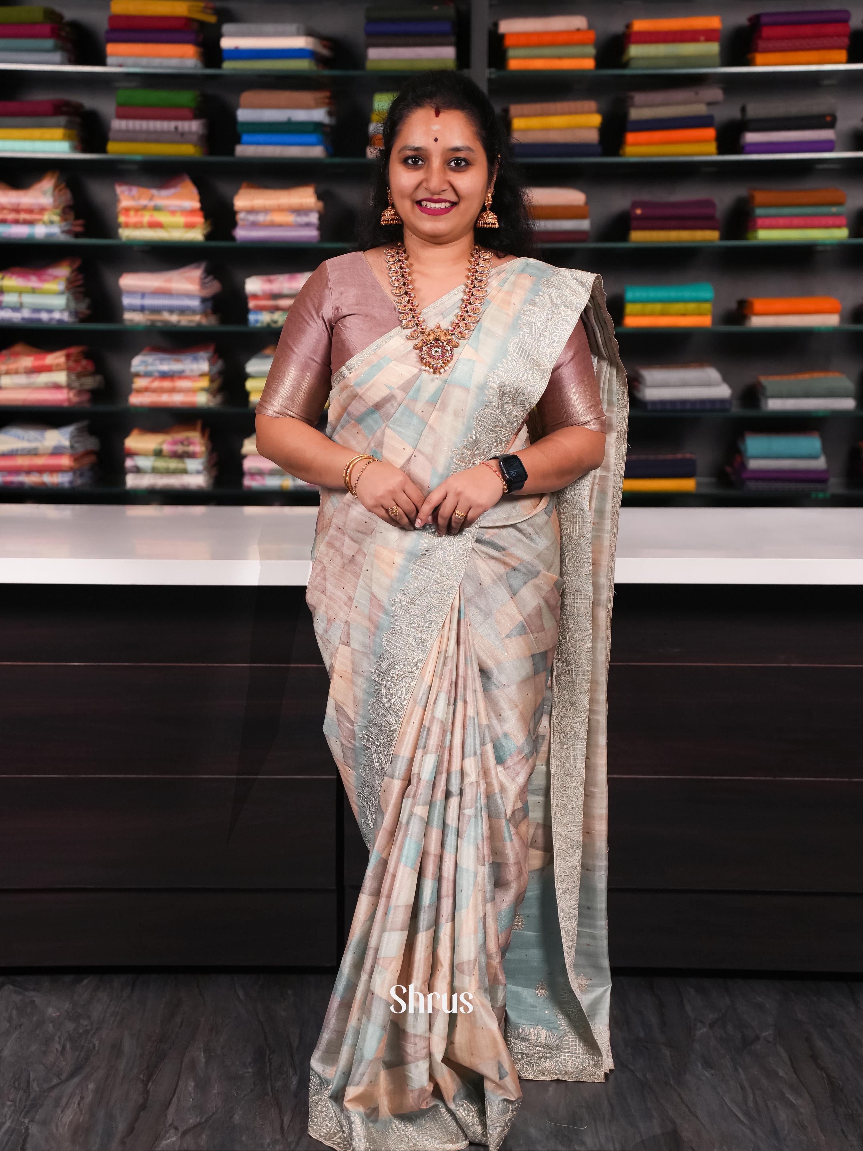 Cream & Teal  - Moonga Silk Saree