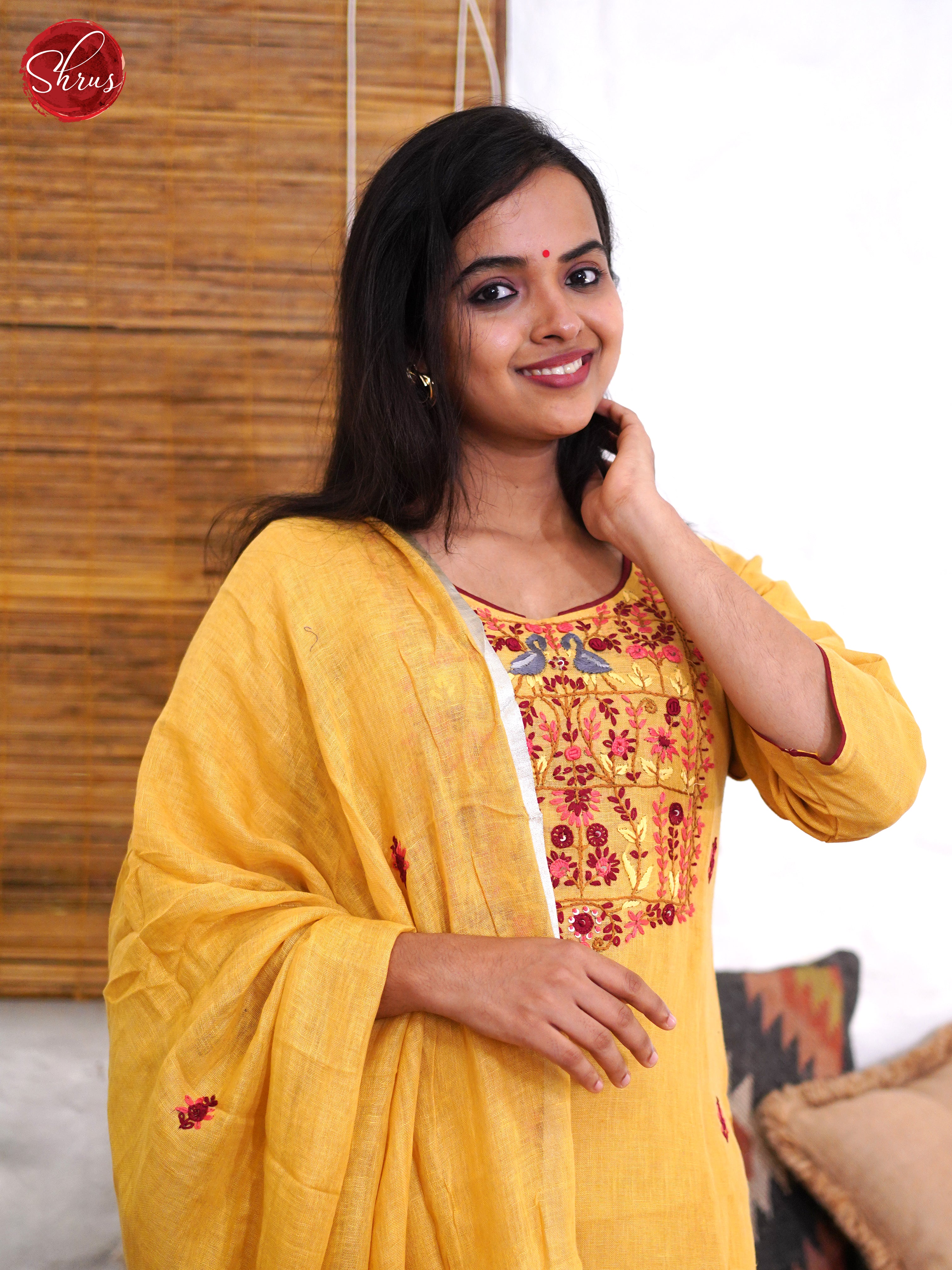 Pastel Yellow - 3-pc Linen thread work Salwar - Shop on ShrusEternity.com