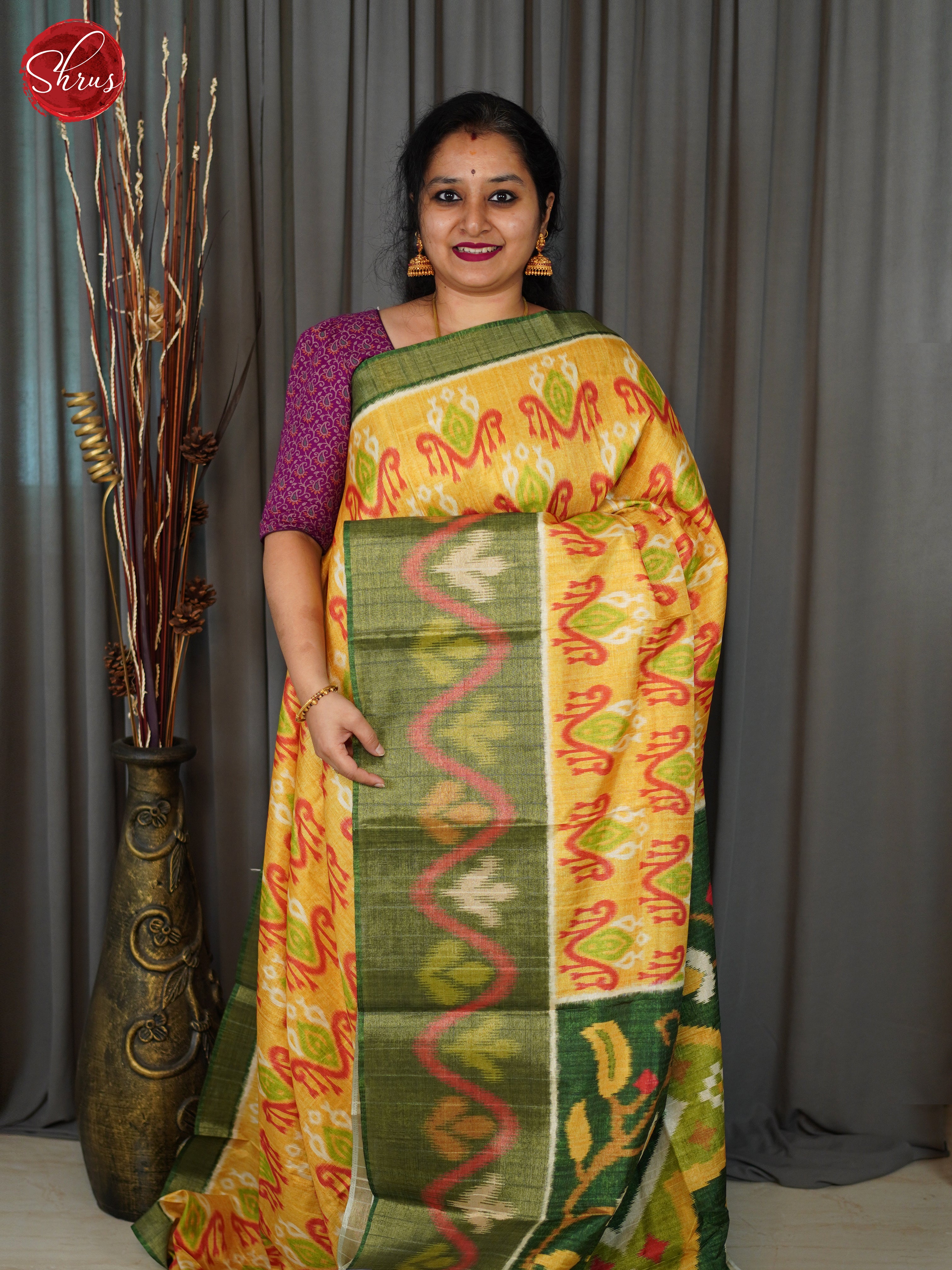 Yellow  & Green- Semi Pochampally Saree - Shop on ShrusEternity.com