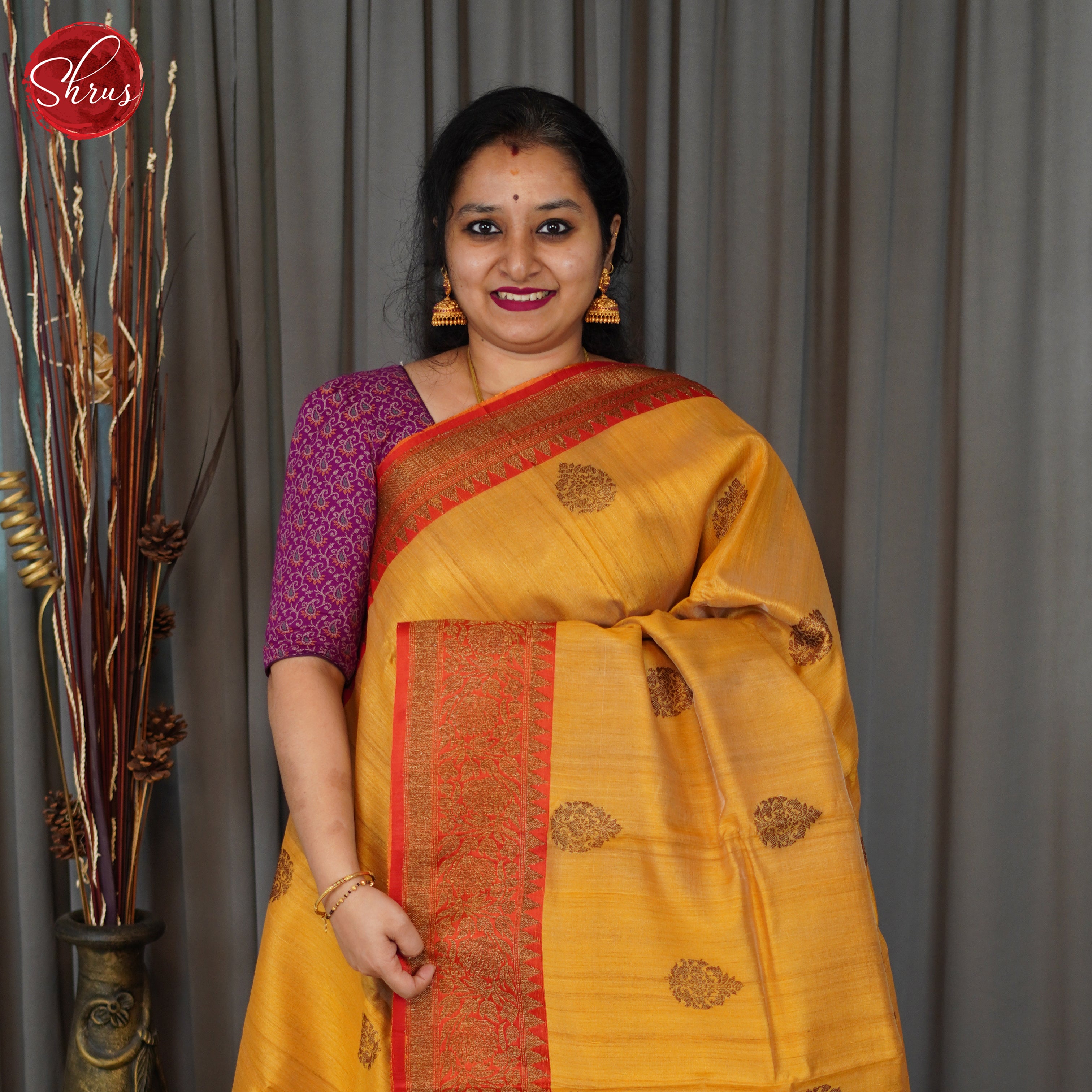 Yellow & Red- Dupion Silk with Zari woven floral motifs on the body & Contrast Zari Border - Shop on ShrusEternity.com