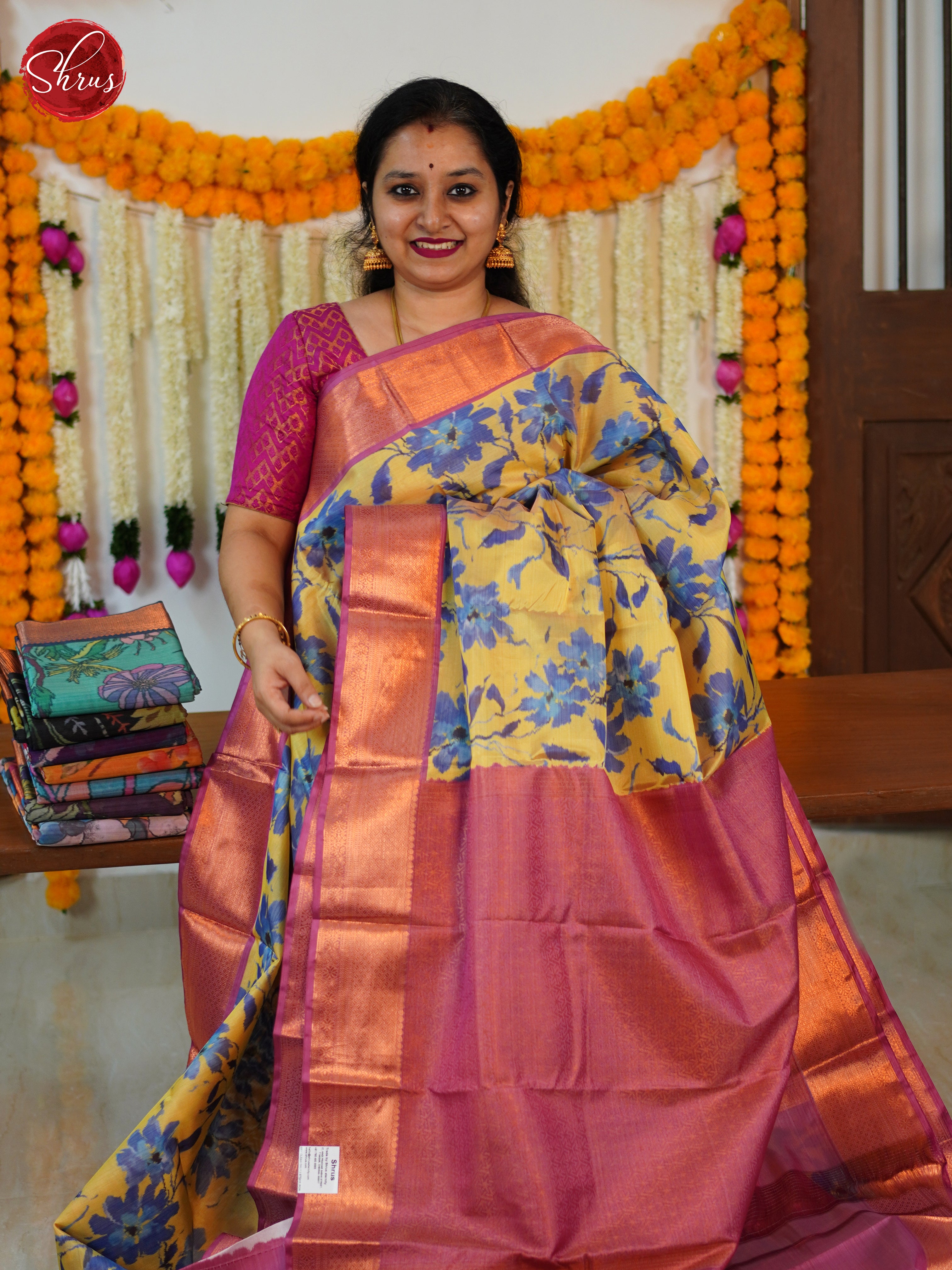 Yellow & Pink - Kanchipuram-halfpure Saree - Shop on ShrusEternity.com