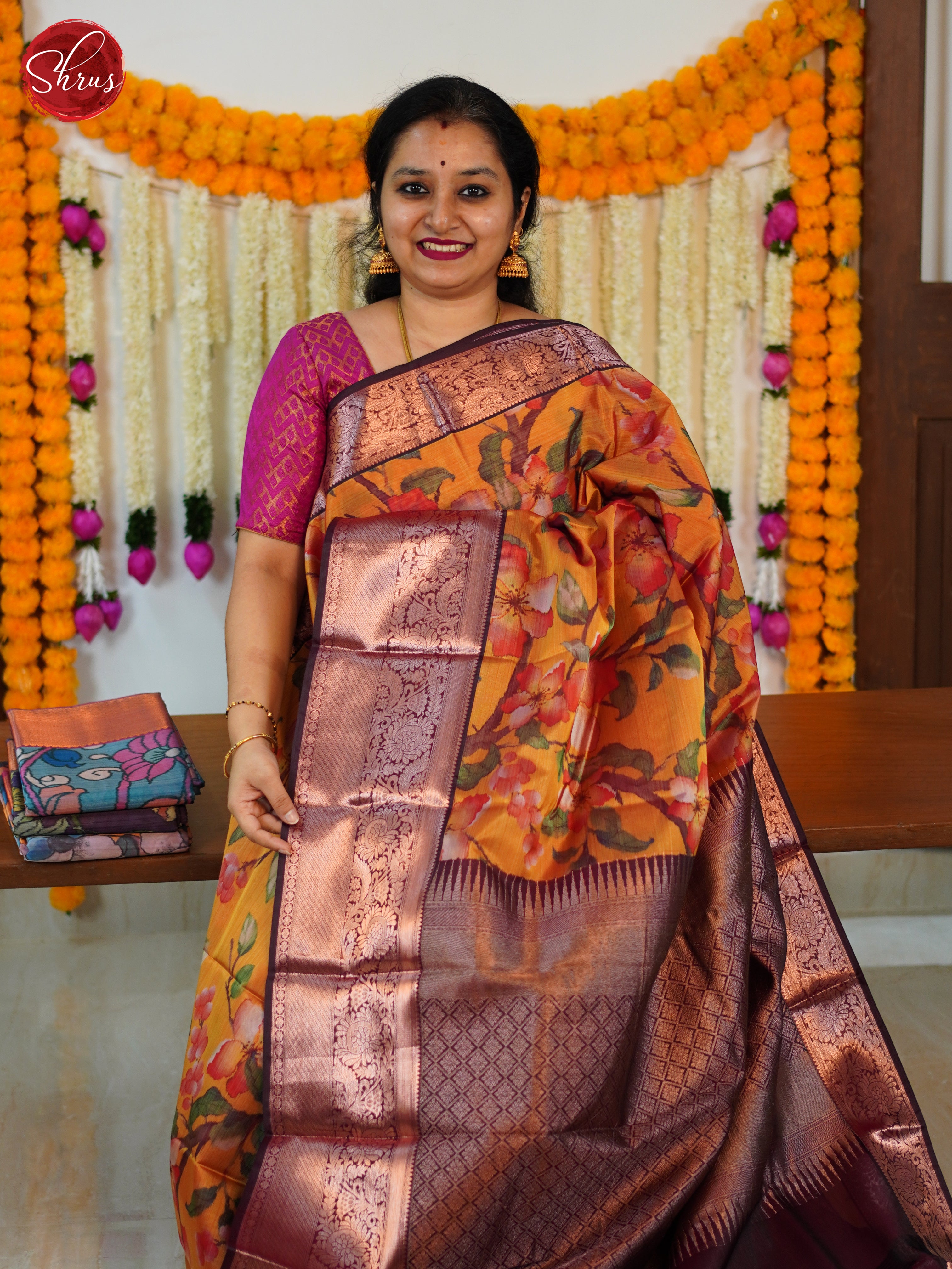 Orange & Brown - Kanchipuram-halfpure Saree - Shop on ShrusEternity.com