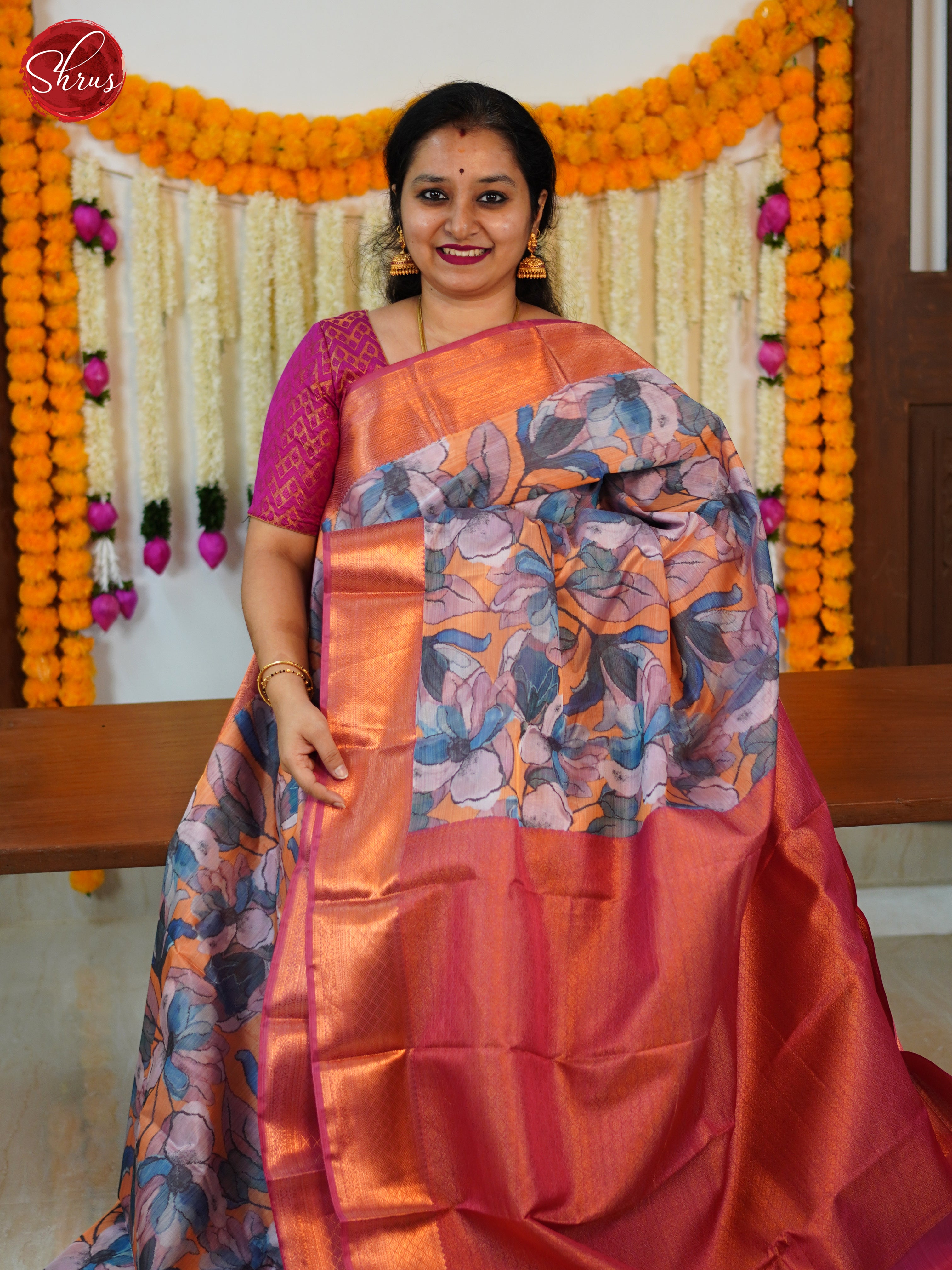 Pale Orange & Pink- Kanchipuram-halfpure Saree - Shop on ShrusEternity.com