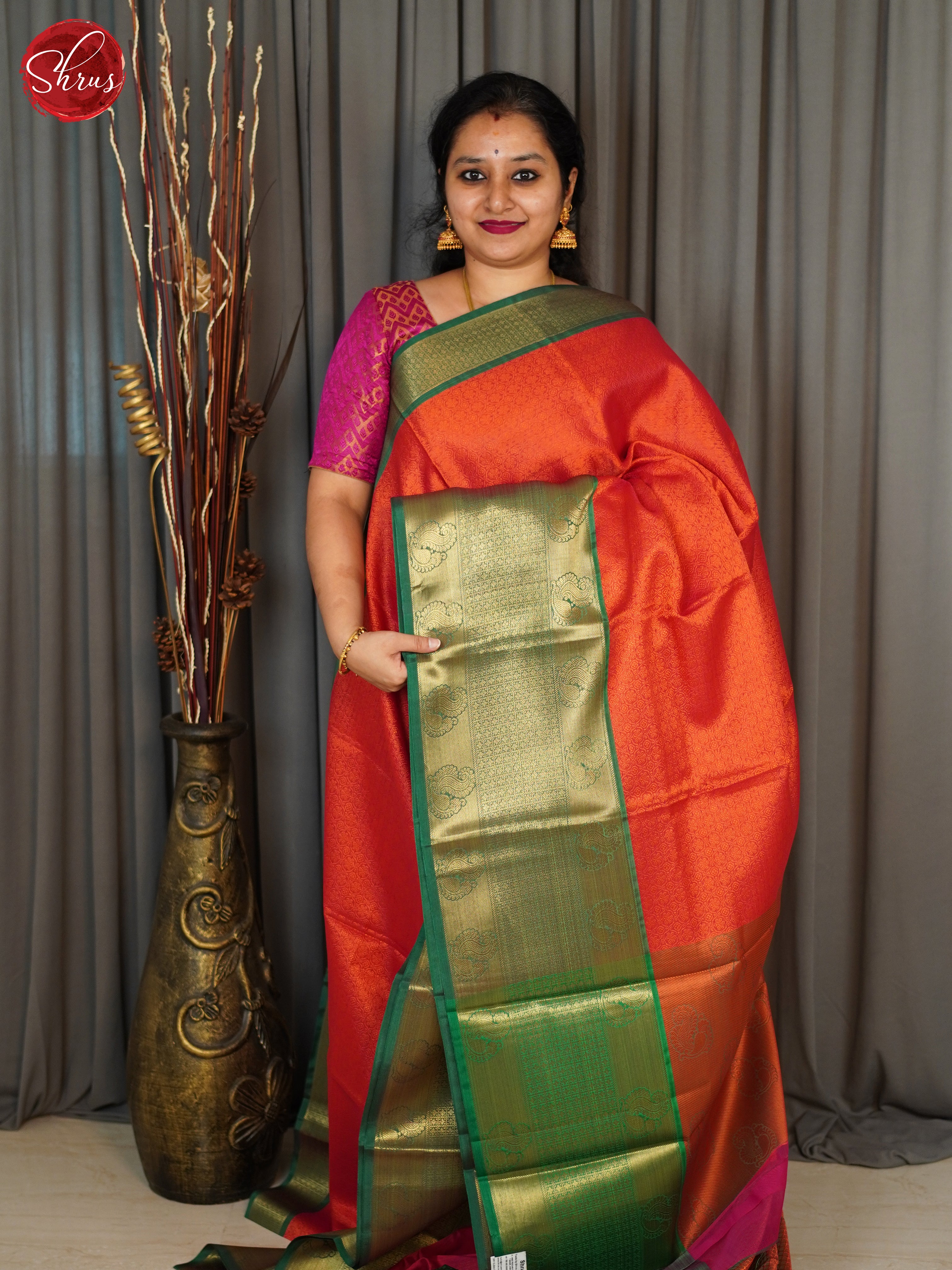 Orangish Pink & Green- Semi Tanchoi Saree - Shop on ShrusEternity.com