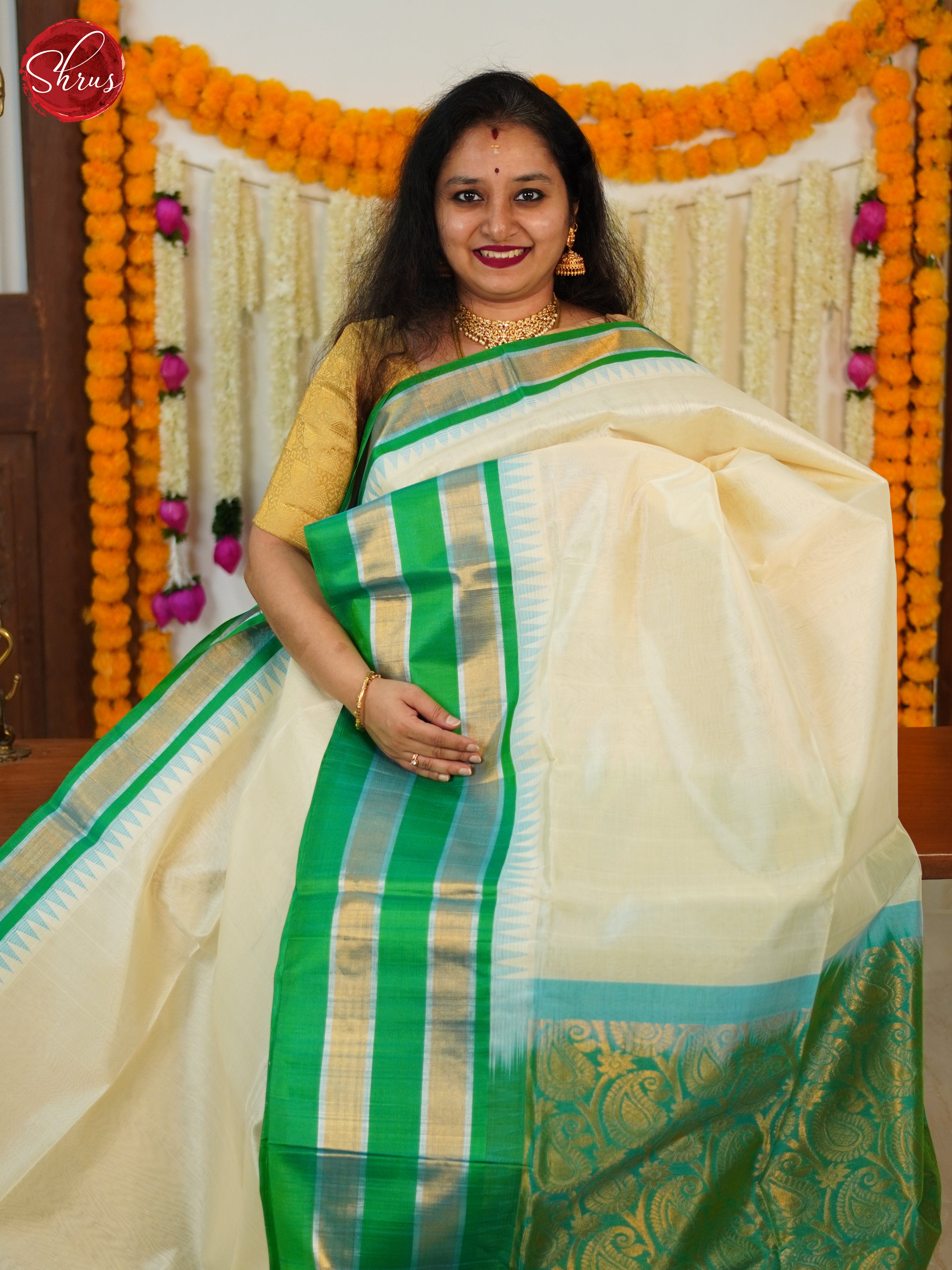 Cream & Teal Green - Silk Cotton Saree - Shop on ShrusEternity.com