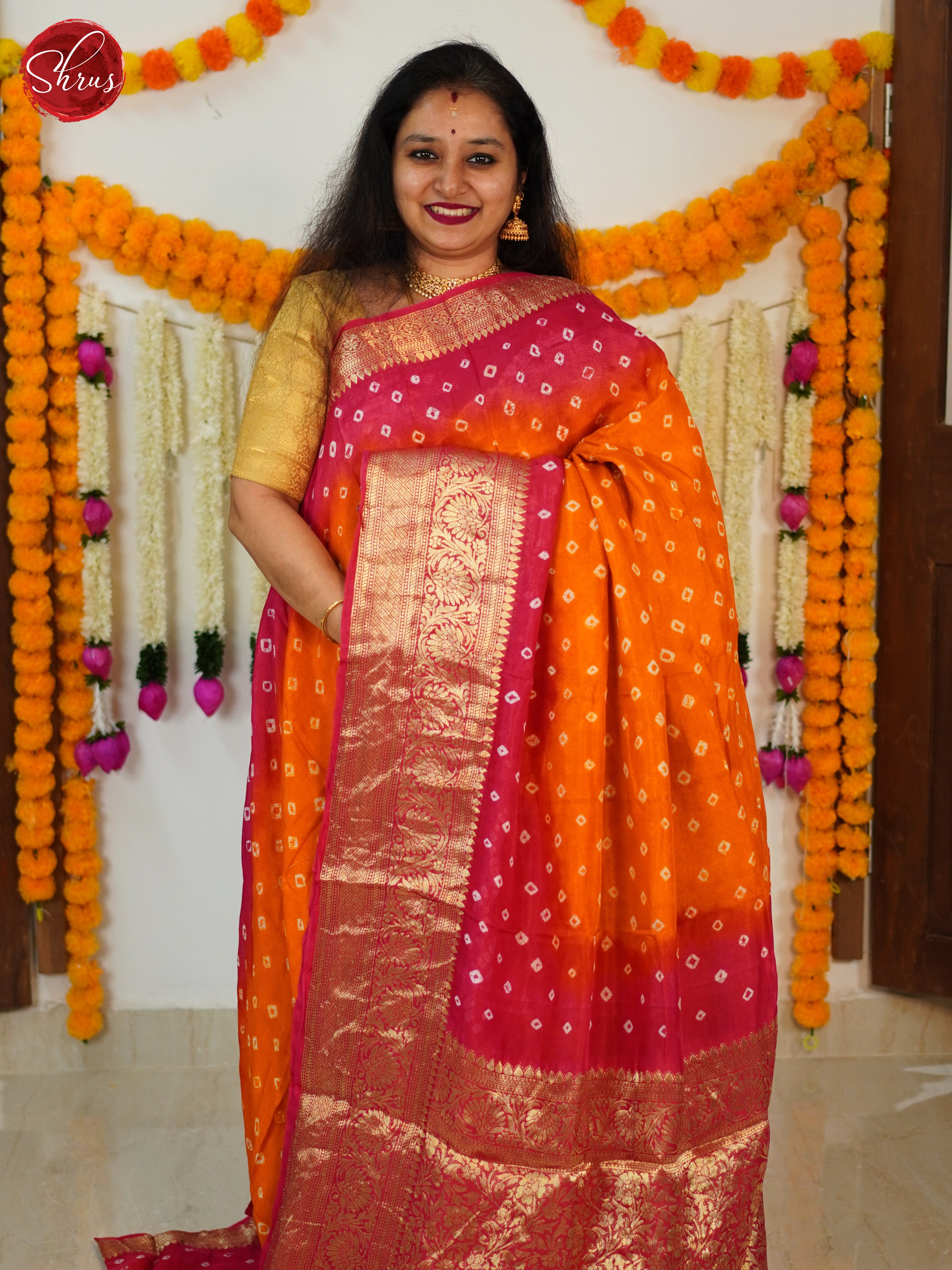 Orange & Pink - Art Bandhini Saree - Shop on ShrusEternity.com