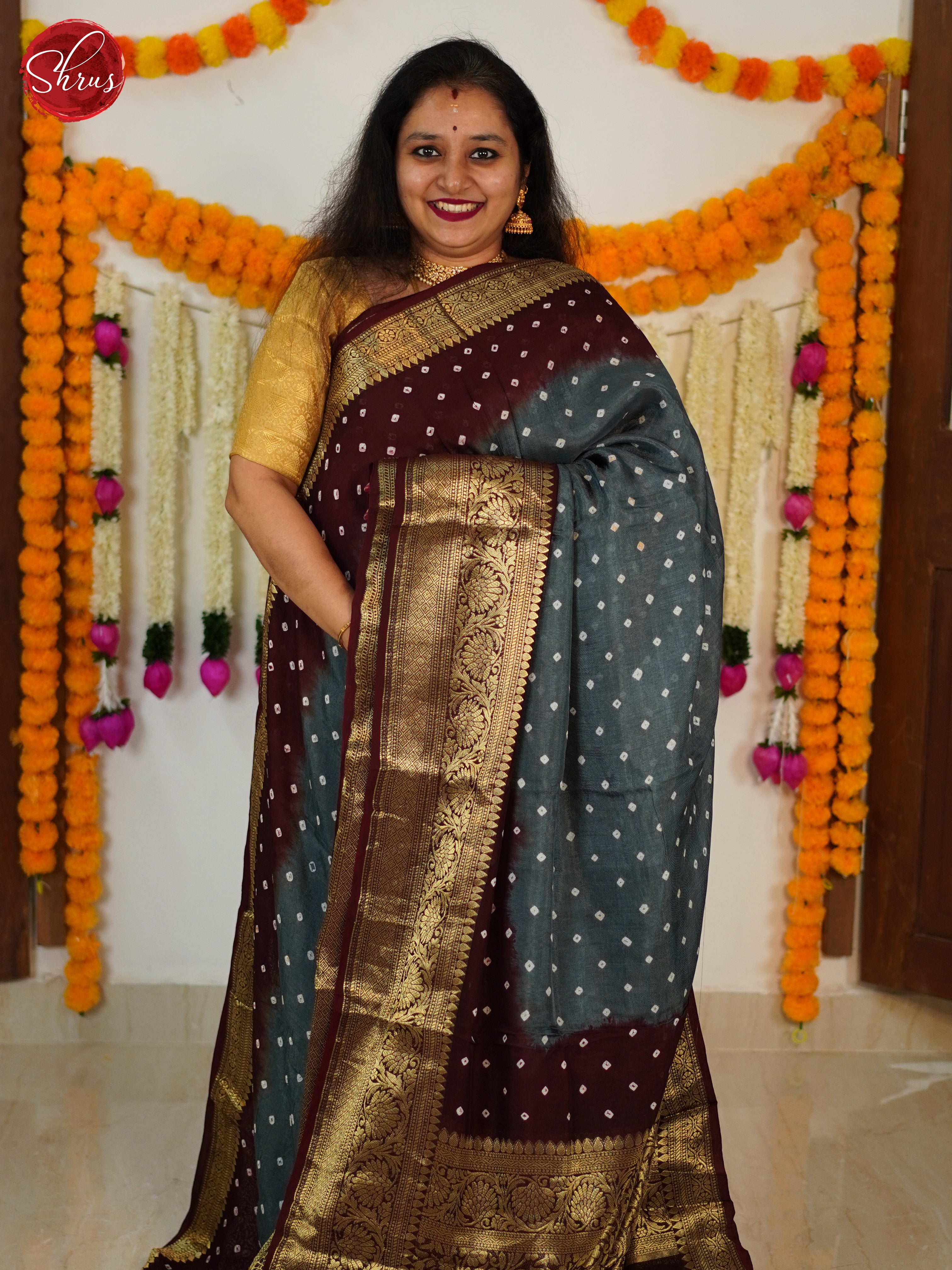 Grey & Maroon - Art Bandhini Saree - Shop on ShrusEternity.com