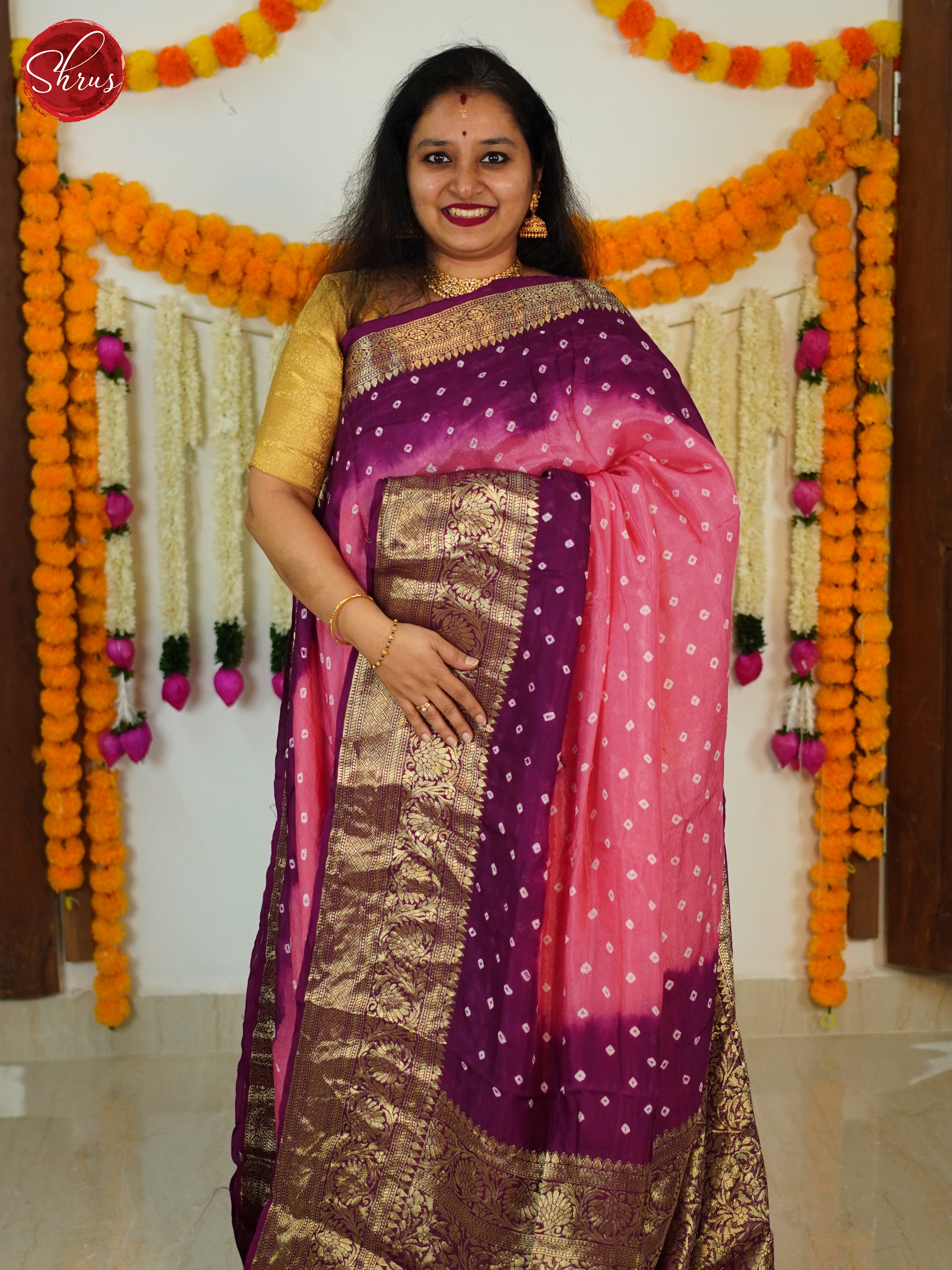 Pink  & Purple - Art Bandhini Saree - Shop on ShrusEternity.com