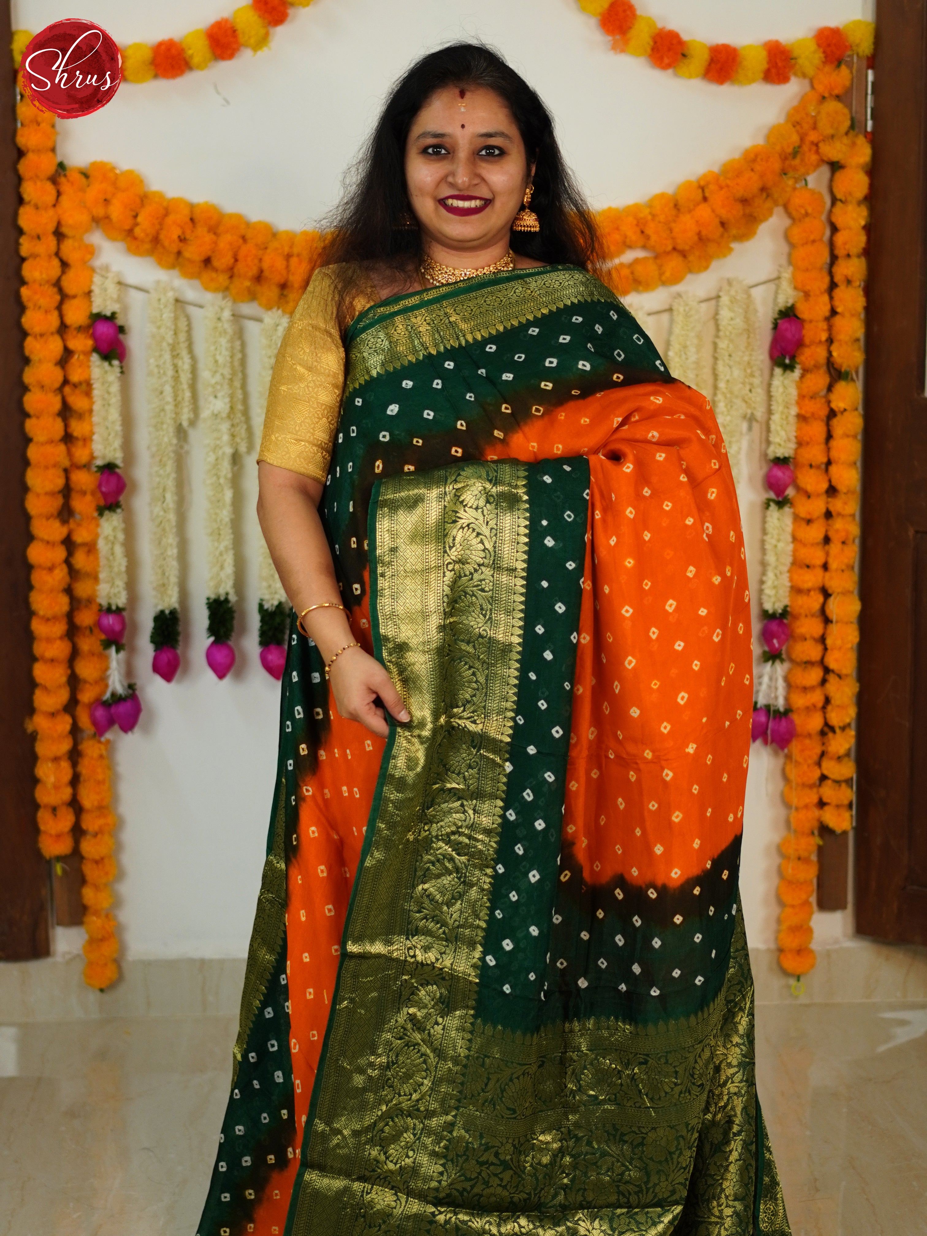 Orange & Green - Art Bandhini Saree - Shop on ShrusEternity.com