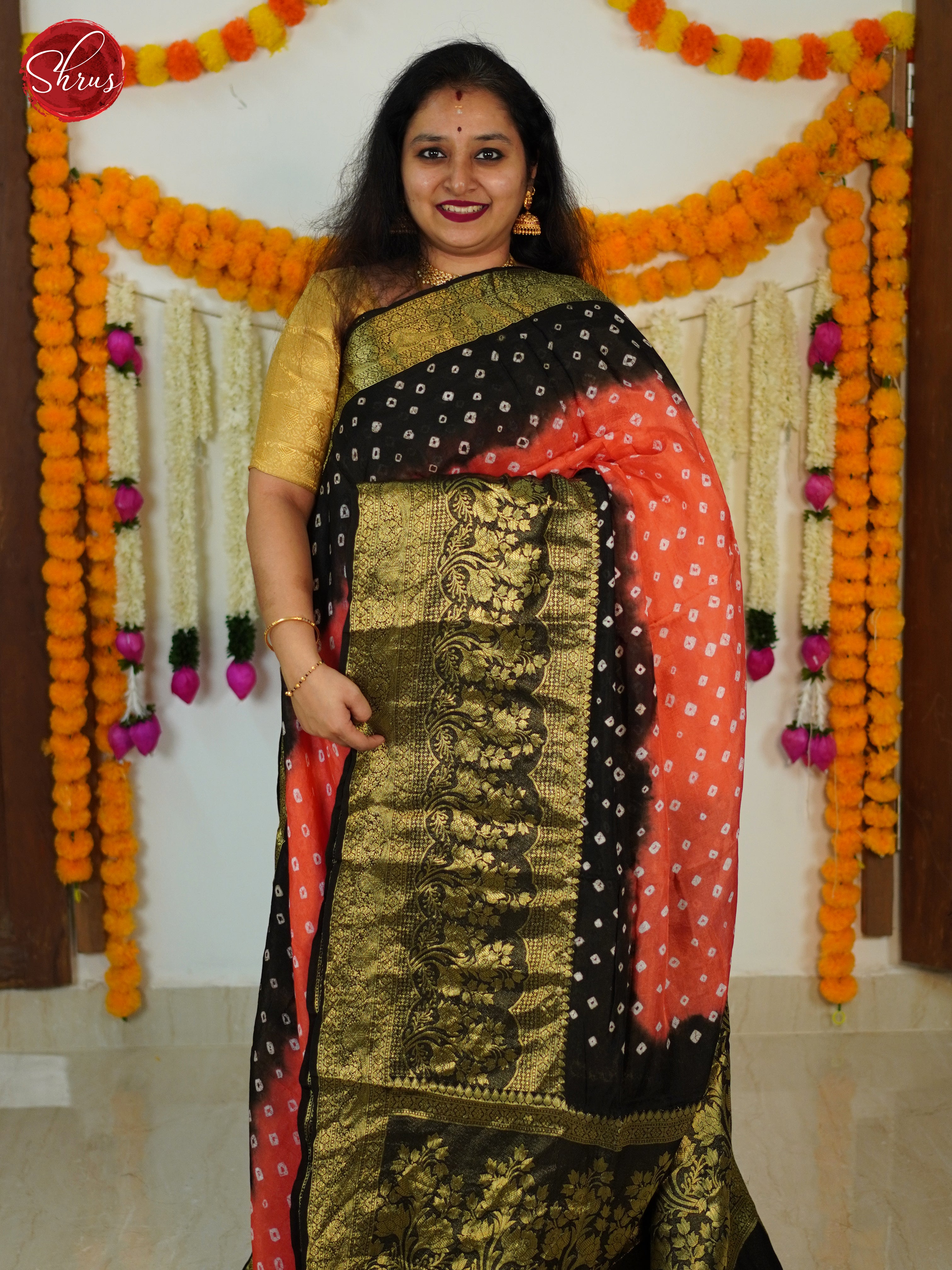 Peach & Black  - Art Bandhini Saree - Shop on ShrusEternity.com