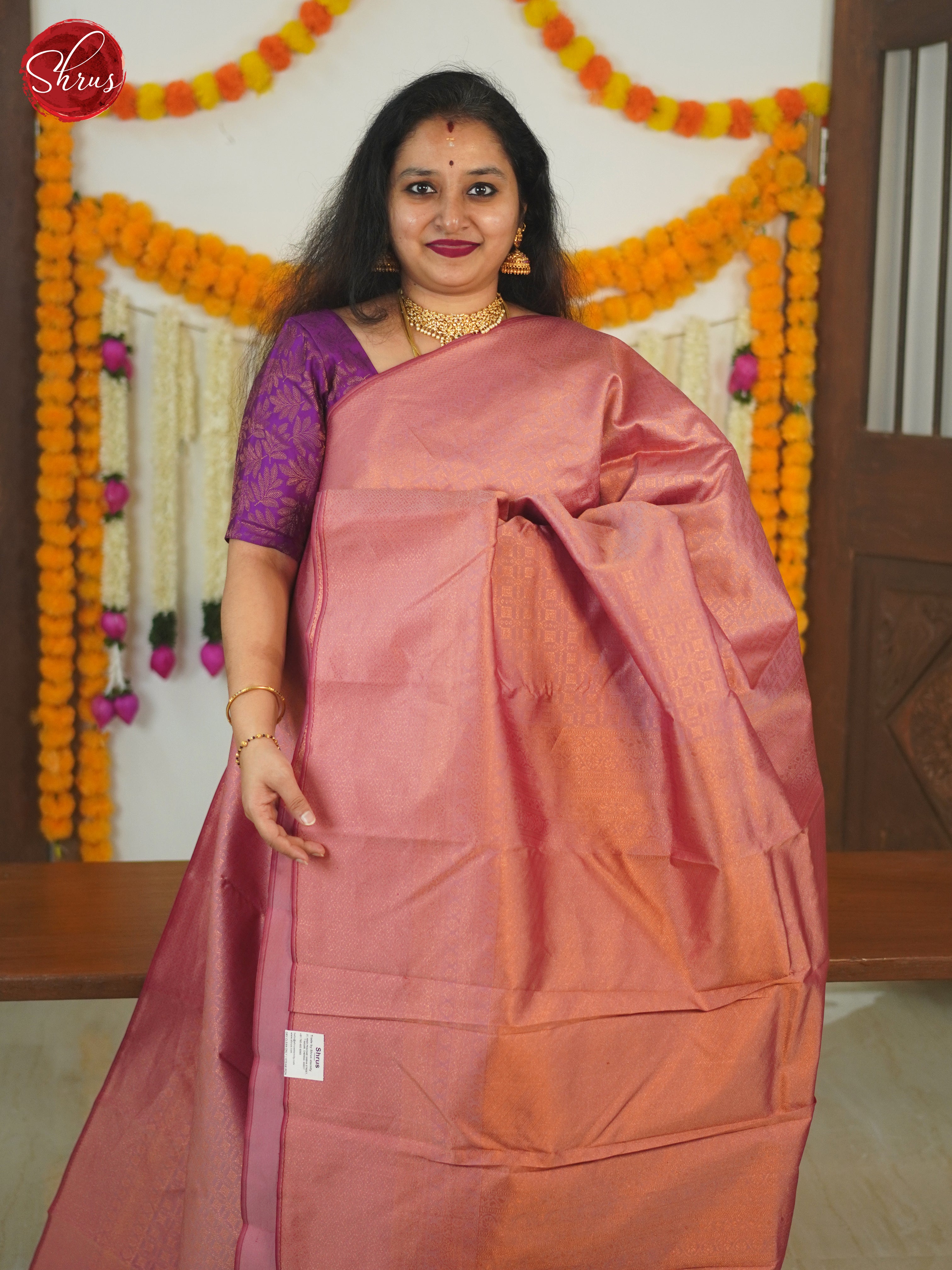 Pink & Blue- Kanchipuram (Half Pure) Saree with zari woven floral brocade on the body &   Zari Border - Shop on ShrusEternity.com