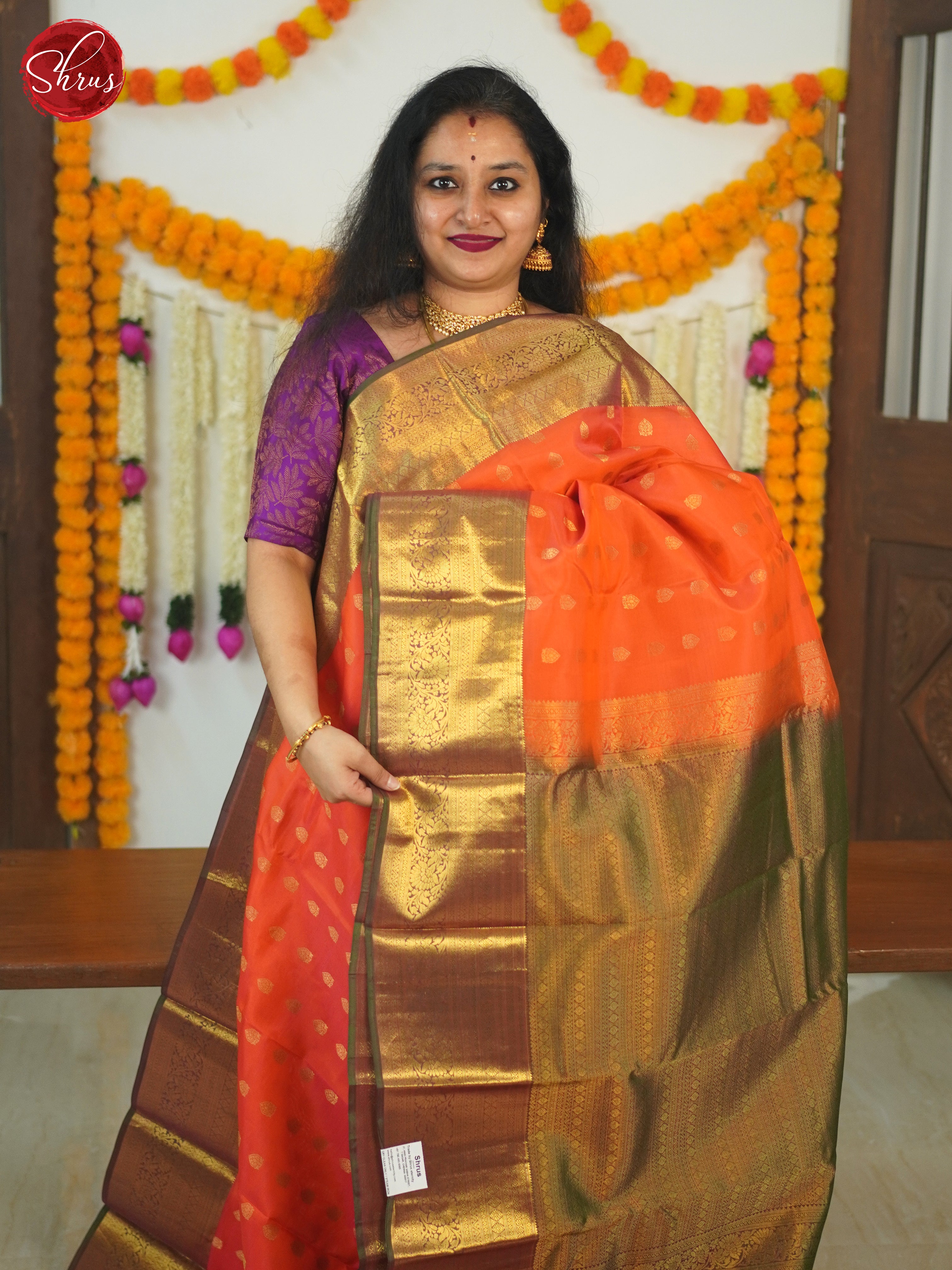 Orange & Green- Kanchipuram-halfpure Saree - Shop on ShrusEternity.com