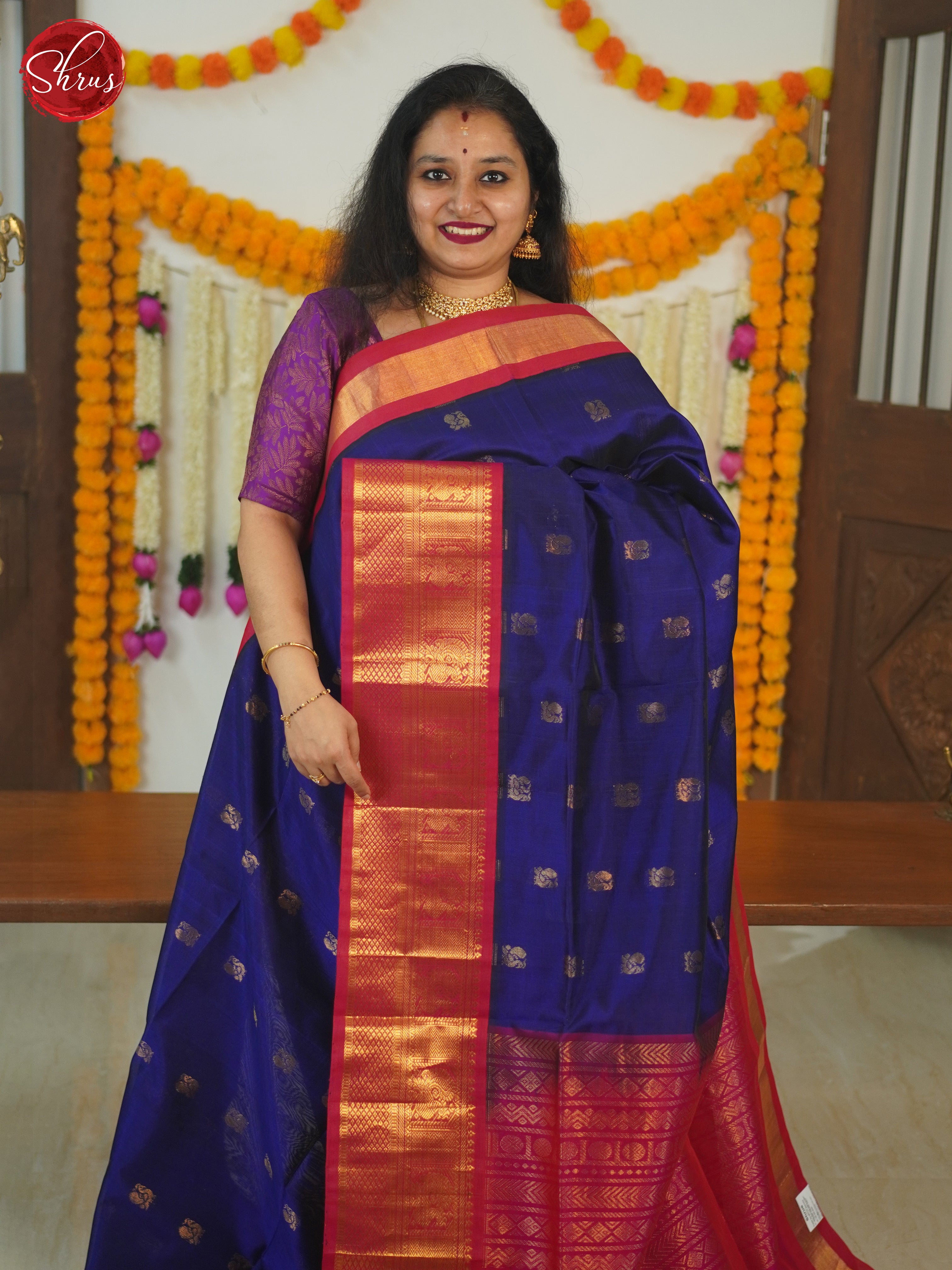 Blue & Pink - Silk Cotton Saree - Shop on ShrusEternity.com