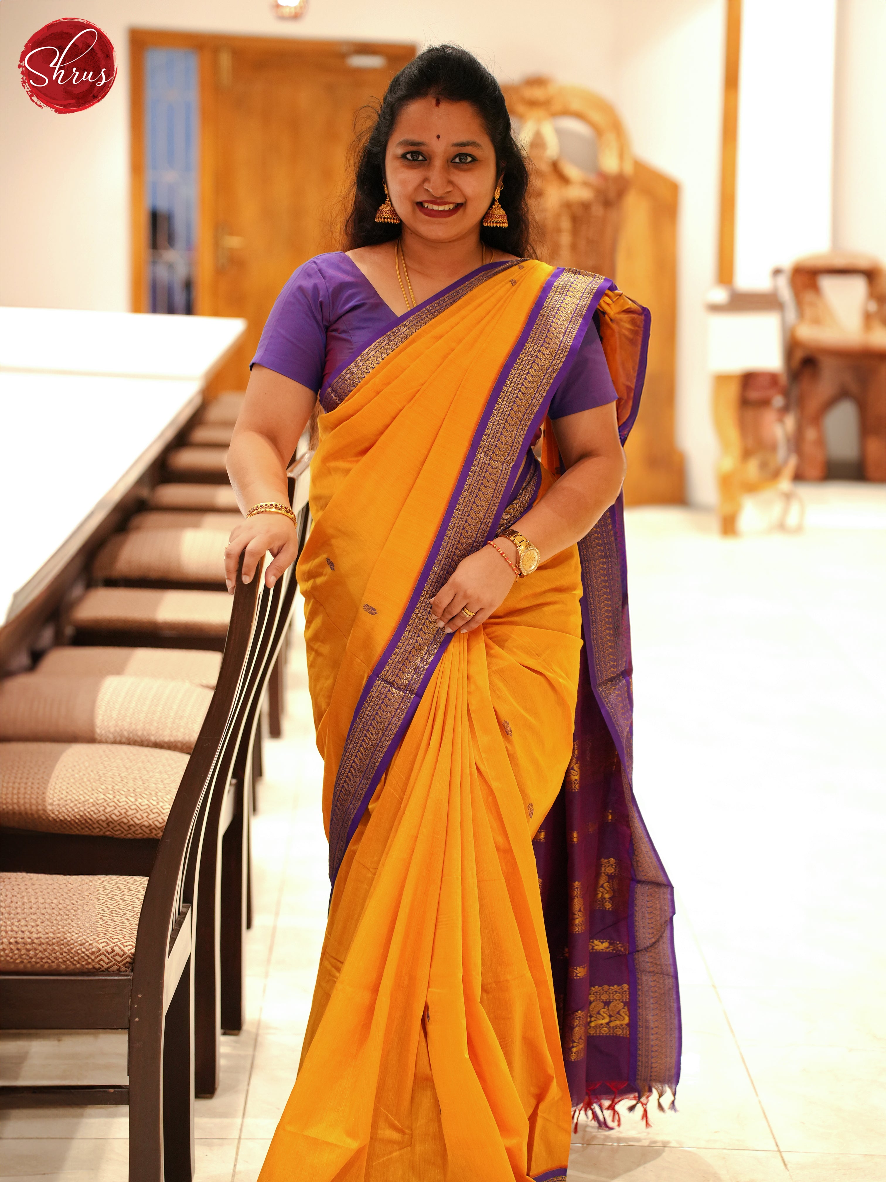 Mustard And Purple- Kalyani Cotton Saree - Shop on ShrusEternity.com